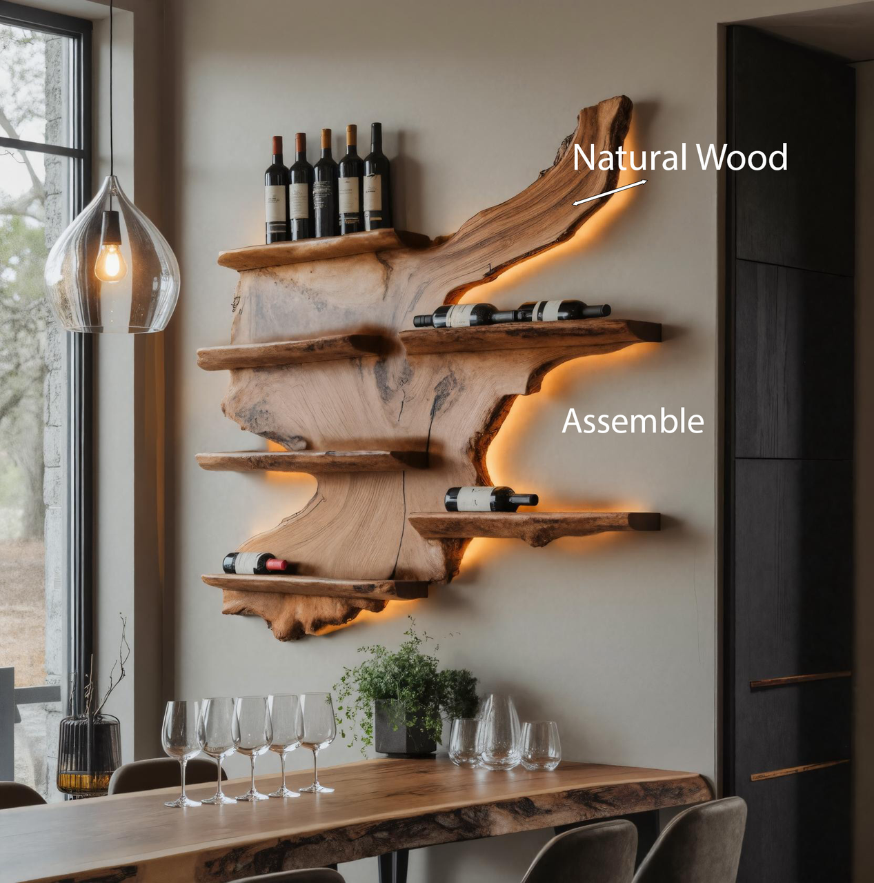 Rustic Live Edge Wine Rack Shelf With LED For Bar SITHHNFL015