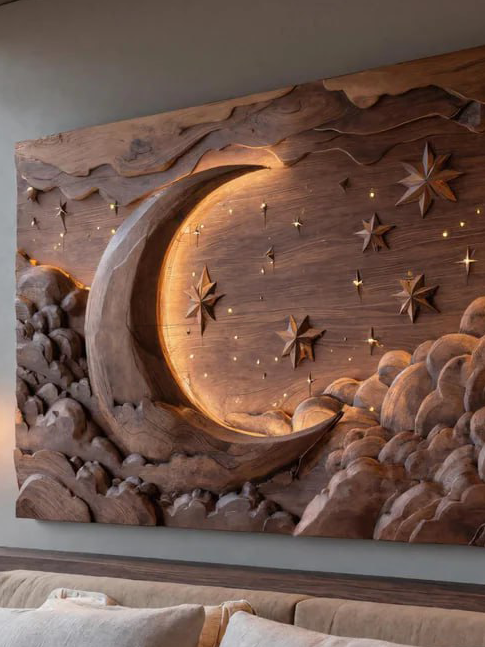 Hand Carved Wall Art Moon And Stars Panel With LED For Bedroom SITHHNWA017