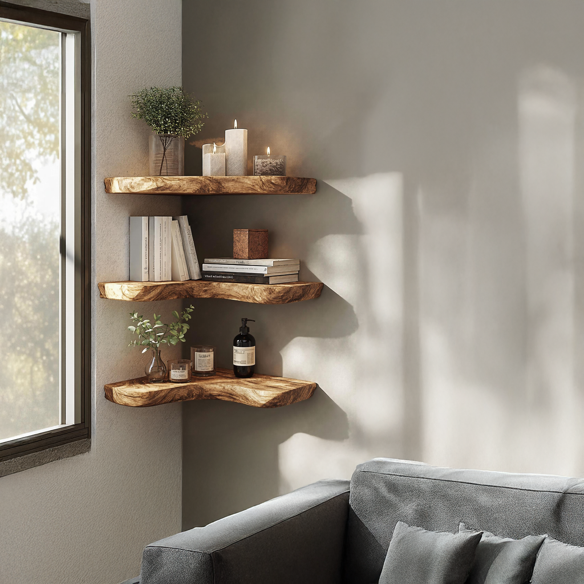 Modern Rustic Wooden Corner Shelf For Living Room Decor SILDTCN059