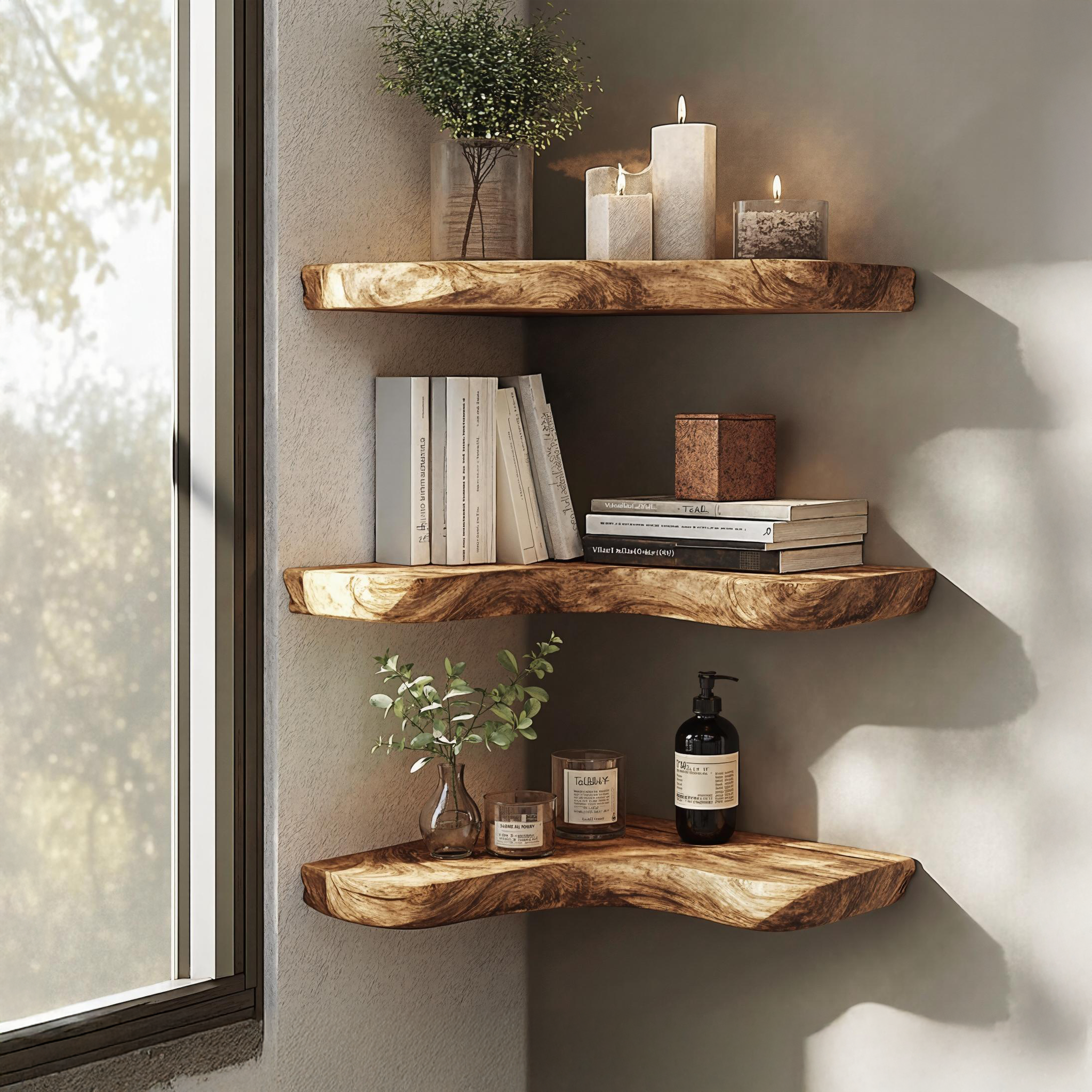 Modern Rustic Wooden Corner Shelf For Living Room Decor SILDTCN059