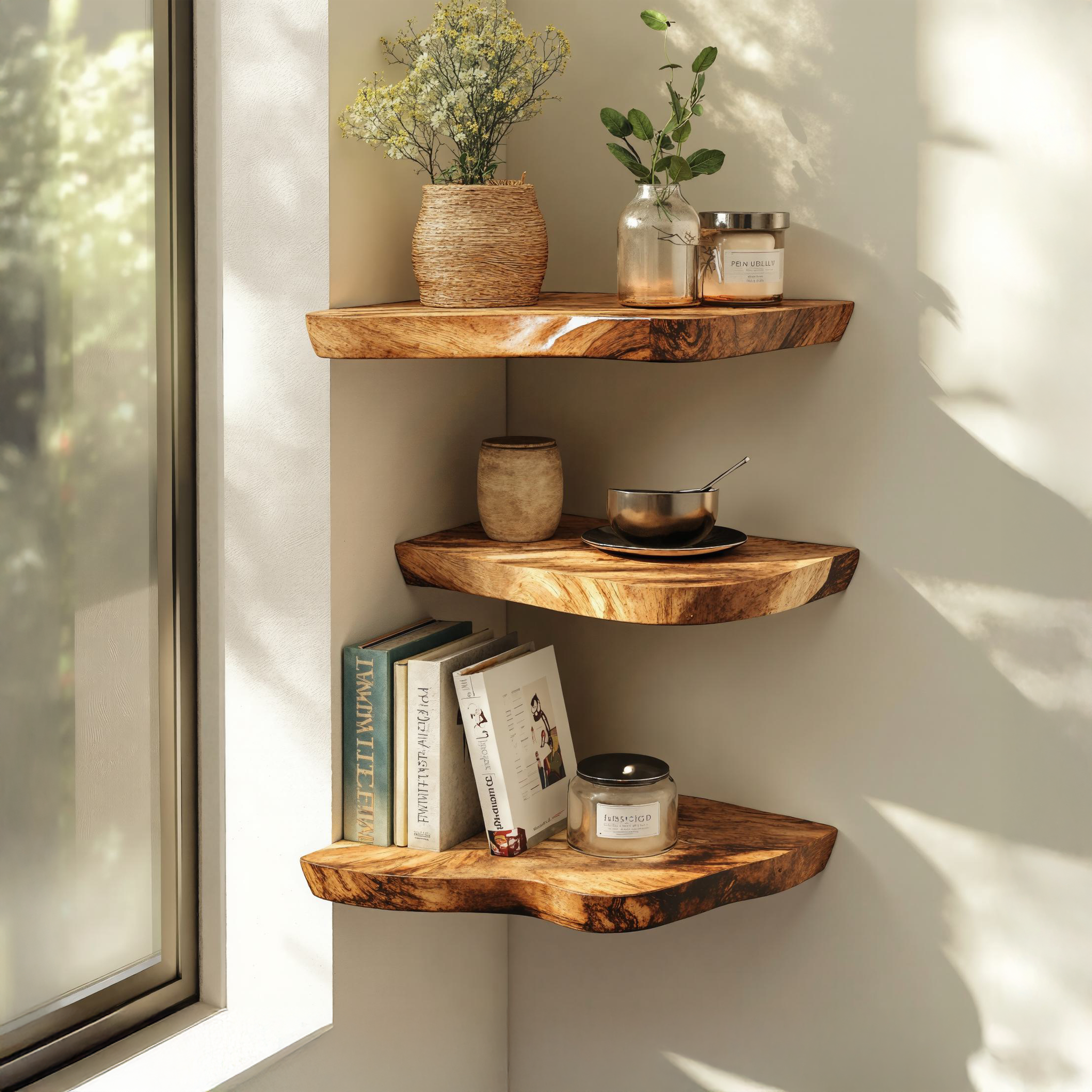 Farmhouse Style Live Edge Corner Shelves For Dining Room SILDTCN046