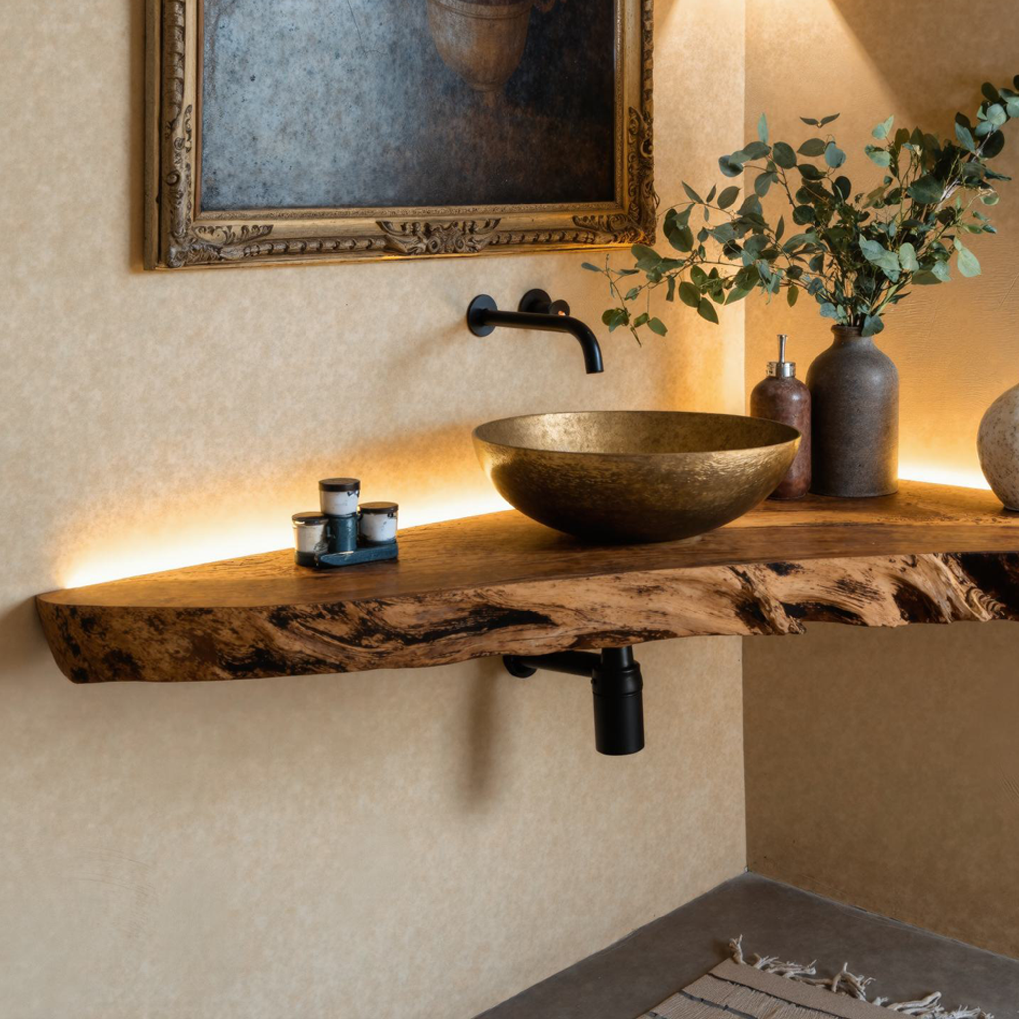 Handcrafted Corner Bathroom Vanity Shelf Rustic SILDTBRV062