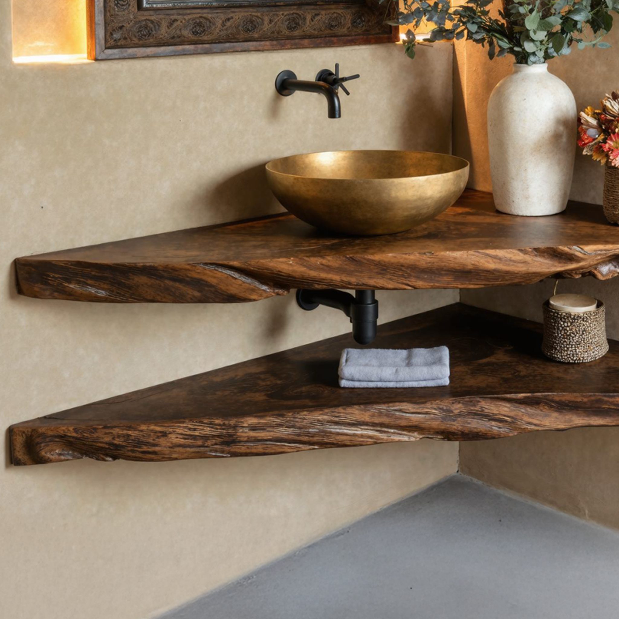 Rustic Wood Corner Bathroom Vanity Shelf SILDTBRV069