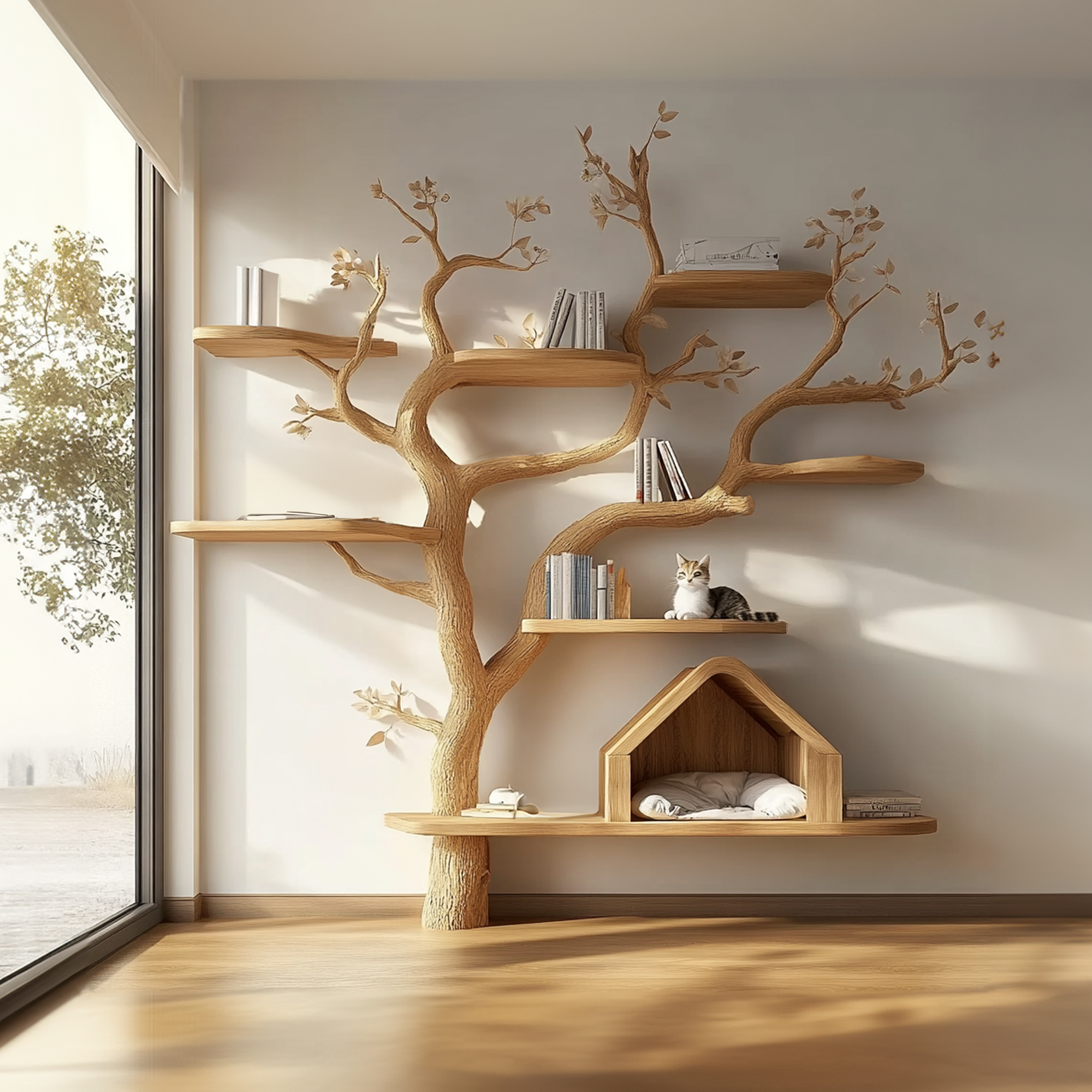 Pet House Cat Tree Natural Wood Cat Furniture Gift Cat Love SINLTT011