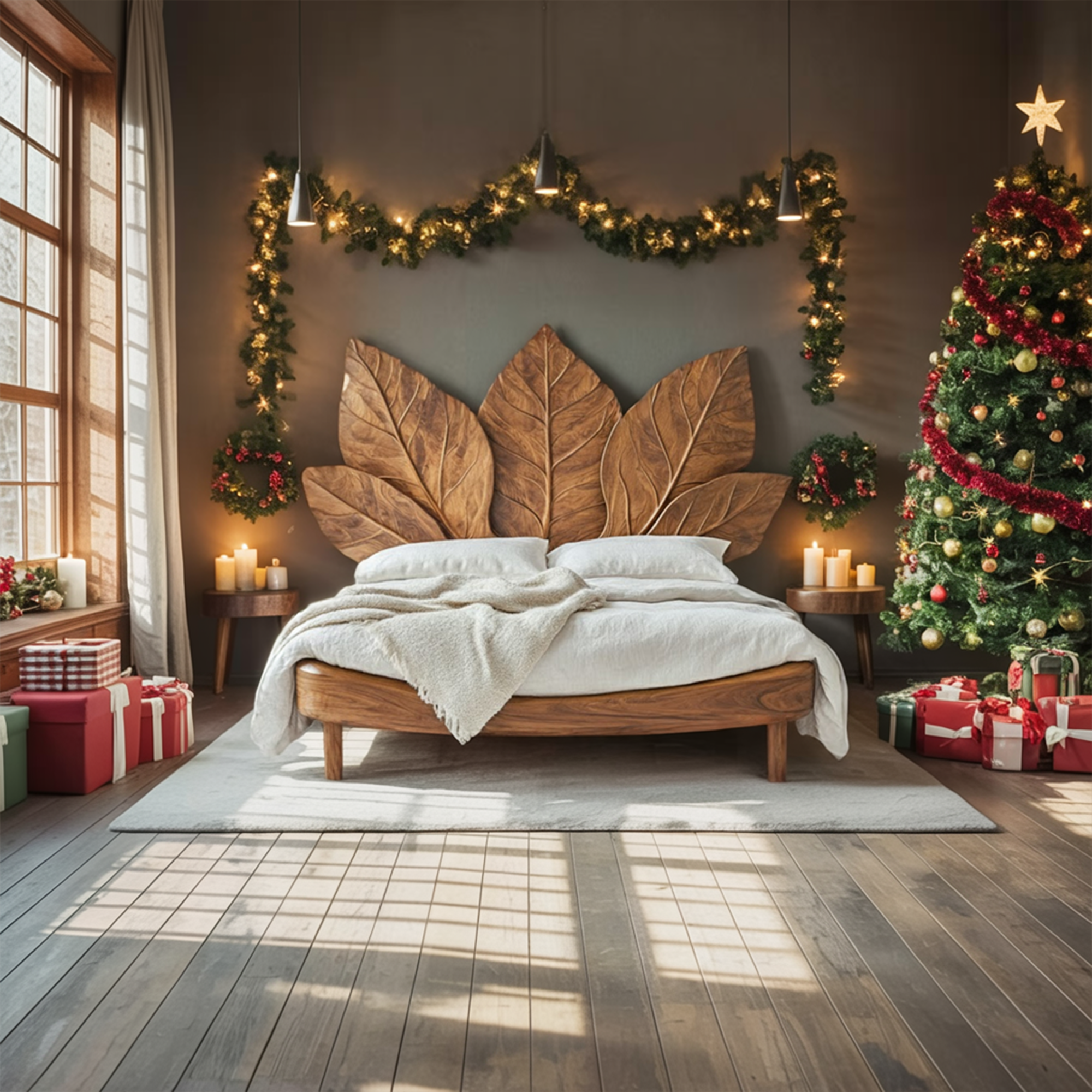 Rustic Leaf Bed Frame Christmas Holiday Bedroom Decor SINLKIWB076