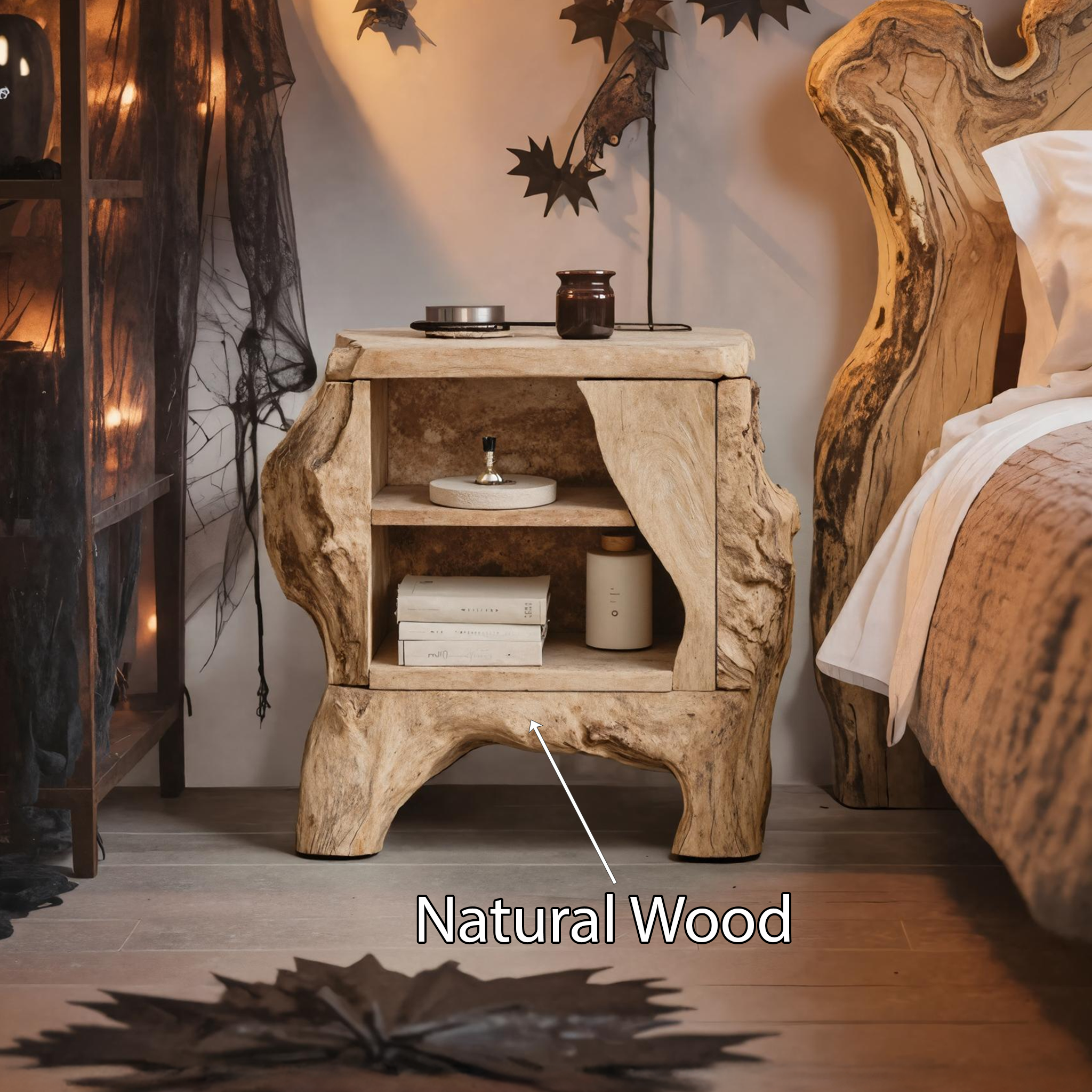 Mid Century Wooden Live Edge Nightstand For Bedroom Halloween Decor SILDTTNHN001