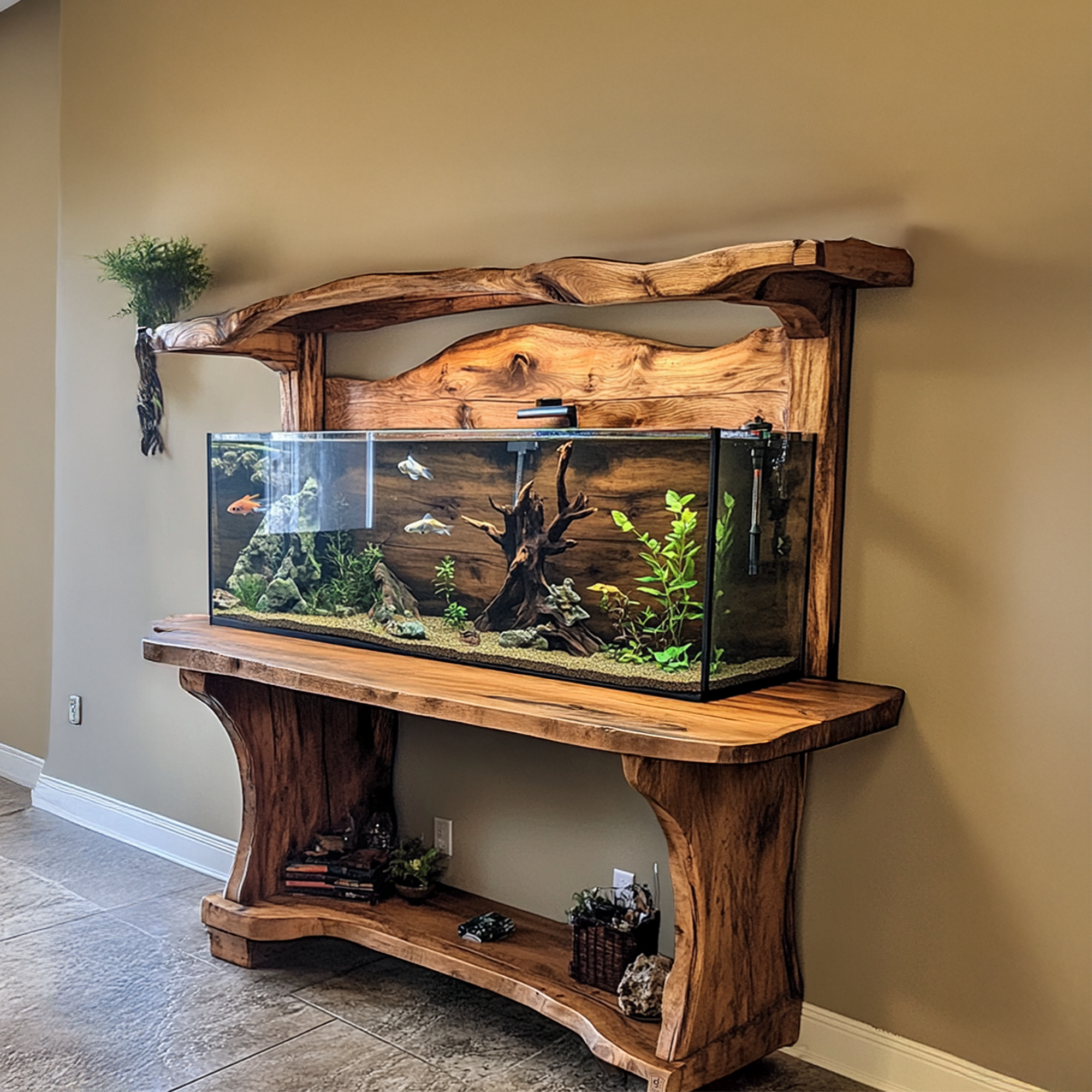 Wood tank fish wooden aquarium shelf Decor Living Room Gift SINLWT004