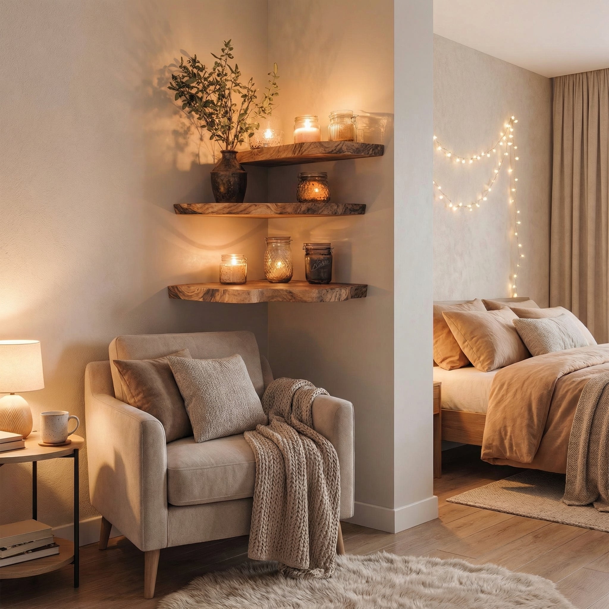 Walnut Wood Shelving Unit Corner Floating Shelf SINLCN007