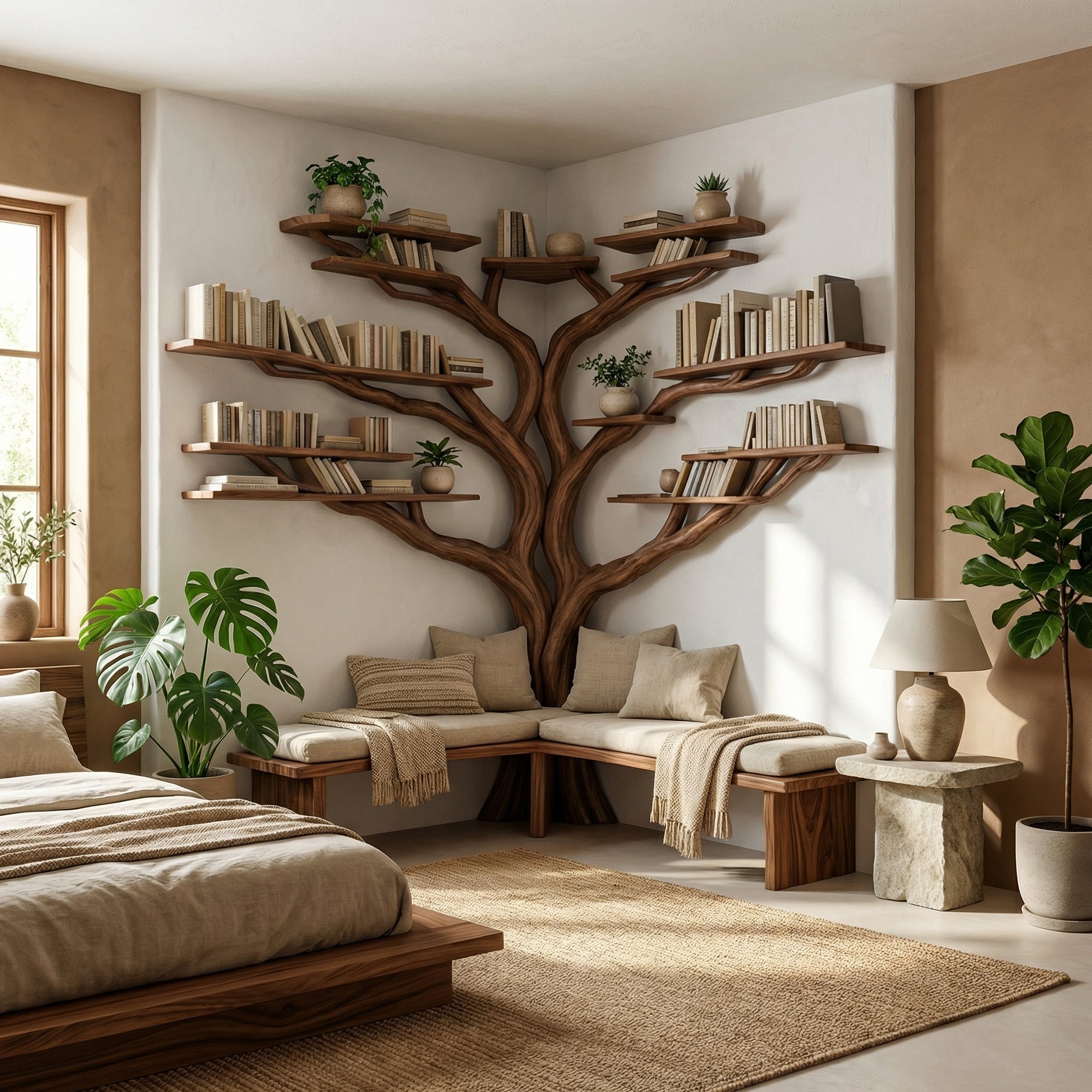 Tree Floating Corner Bookshelf With Corner Bench lshaped SINLTBS010