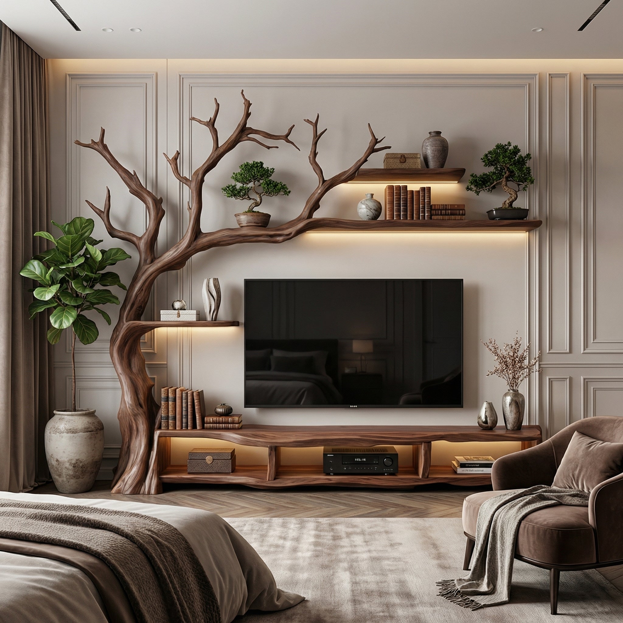 Rustic Organic Tree Branch TV Shelf Contemporary Home SINLSATB514