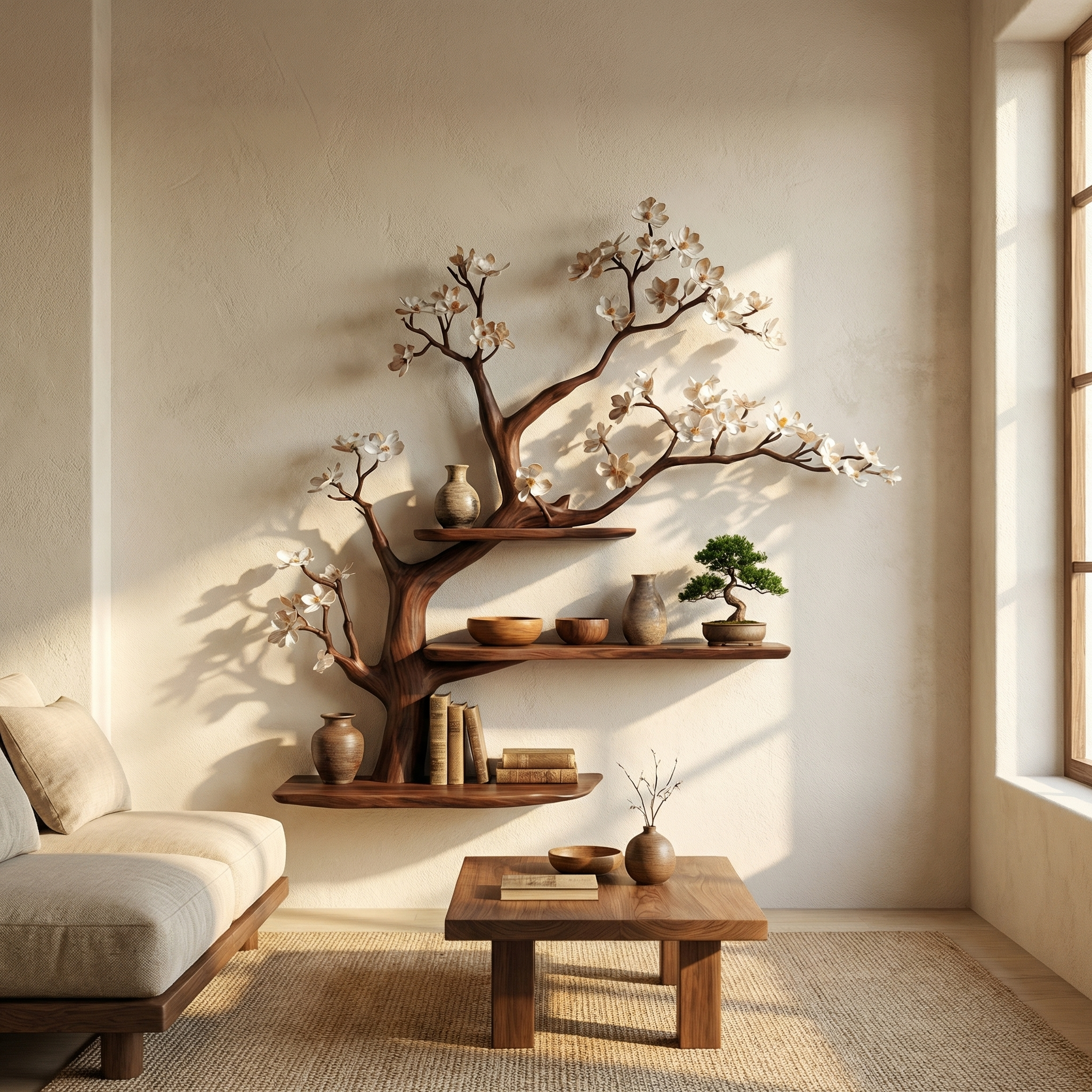 Modern Rustic Tree Shelf Solid Wood Wall Display Home Decor SINLSATBS079