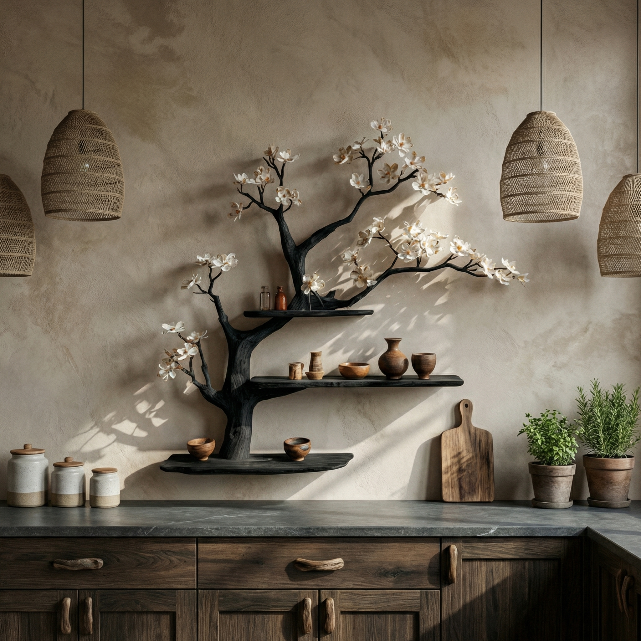 Modern Rustic Tree Shelf Solid Wood Wall Display Home Decor SINLSATBS079
