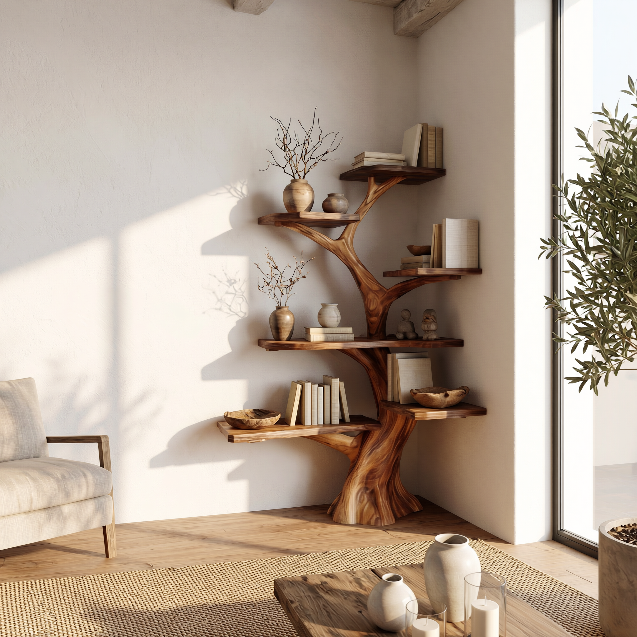 Rustic Corner Tree Bookshelf Living Room Wall SINLSATB309