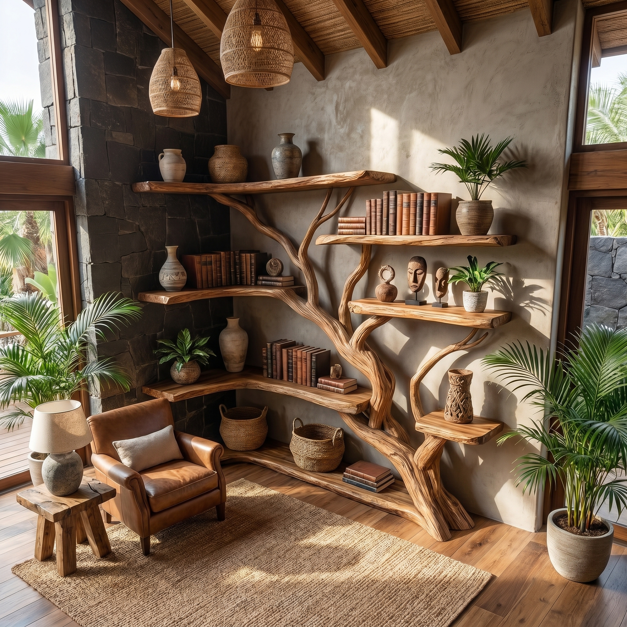 Handcrafted Tree Corner Storage Shelf Living Room Interior Feature Decor SINLSATB647