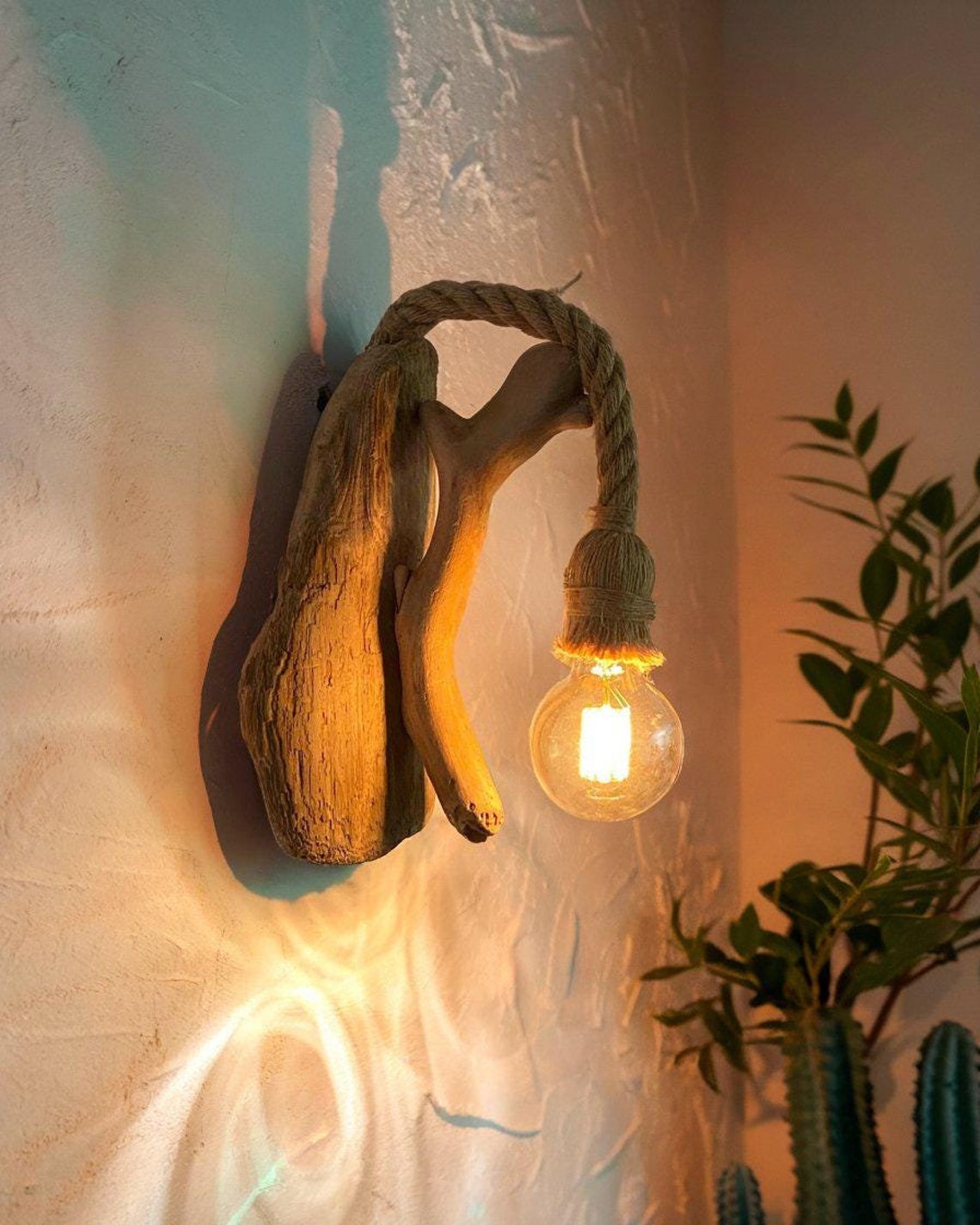 Rustic Driftwood Wall Light And Natural Wood Rope Hanging Lamp For Living Room And Bedroom Decor SITHLAM015