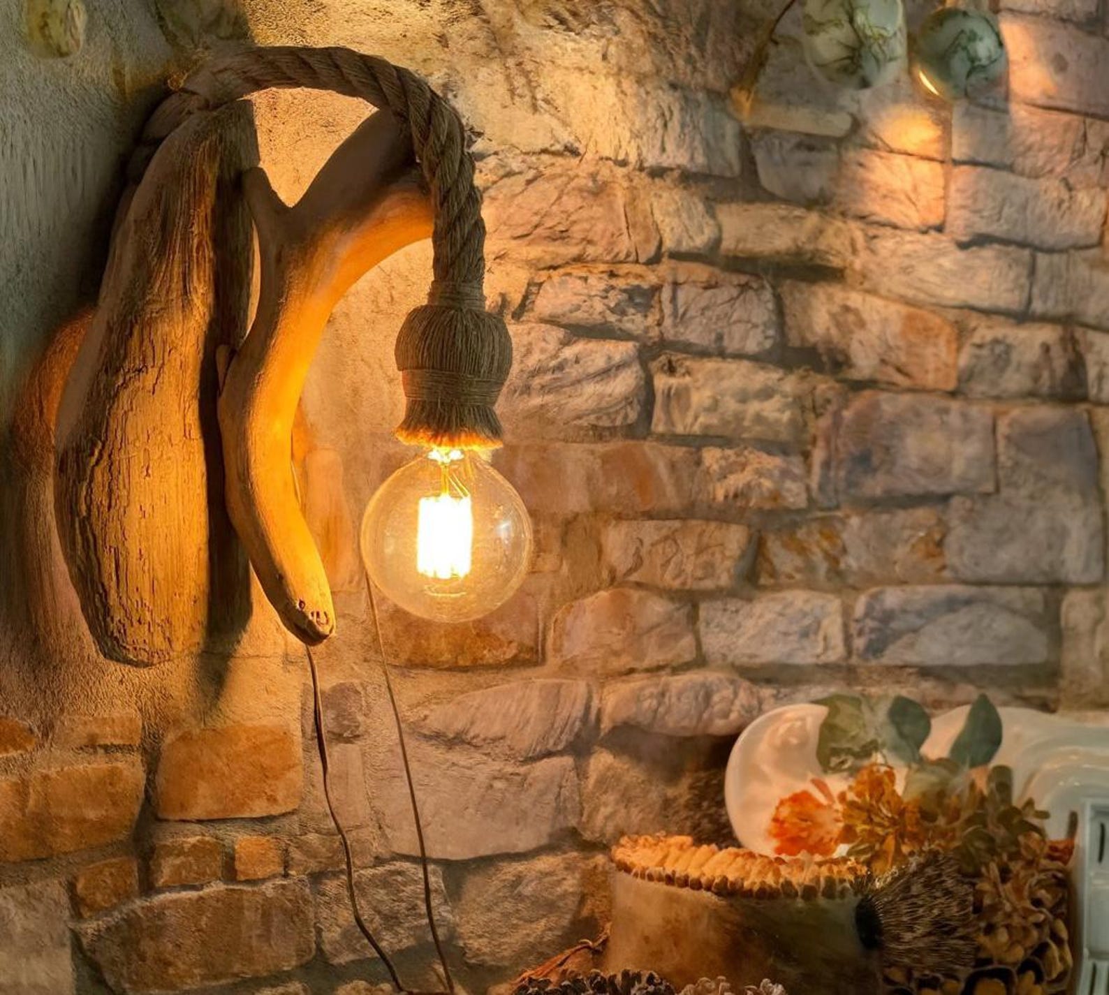 Rustic Driftwood Wall Light And Natural Wood Rope Hanging Lamp For Living Room And Bedroom Decor SITHLAM015