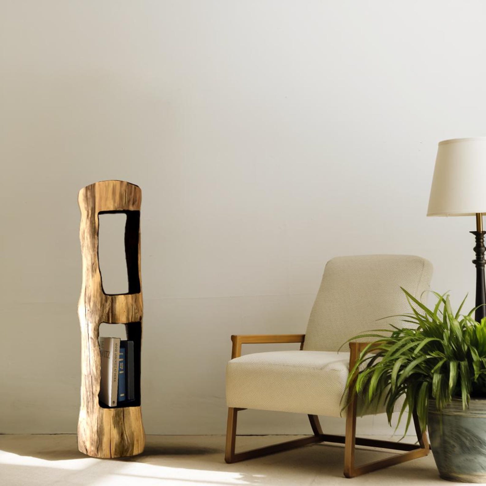 Rustic Interior Style Unique Tree Trunk Bookshelf And Wood Nightstand For Living Room Bedroom And Home Office Decor SITHBS001