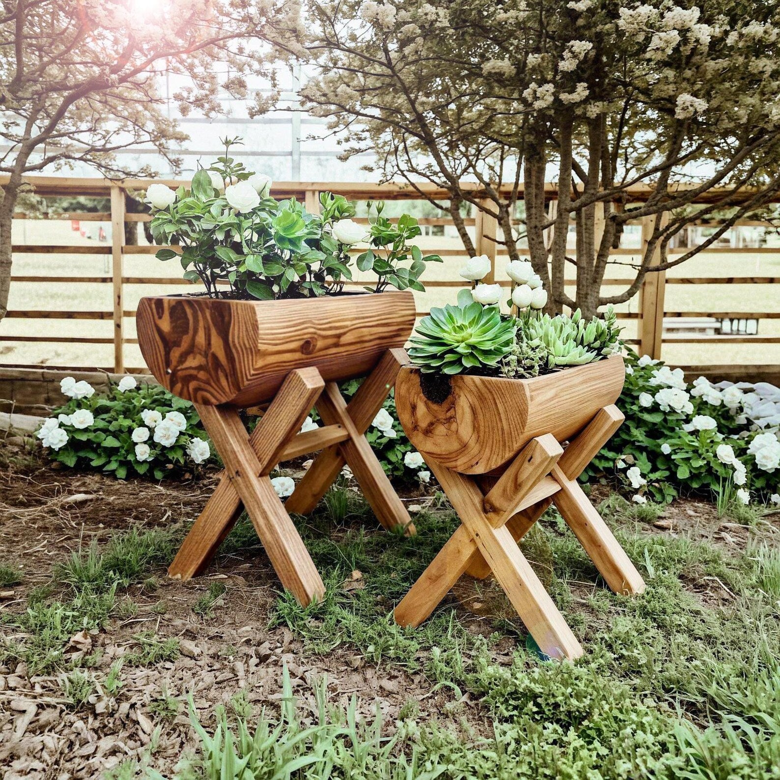 large plant pot with wooden stand Rustic Log Planter With Stand For Garden And Patio Display SITHPT003