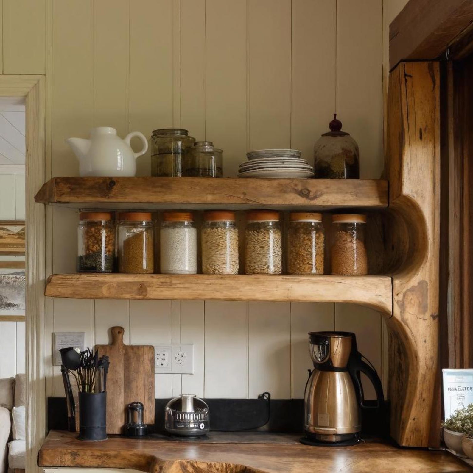 Rustic Handmade Live Edge Kitchen Counter And Floating Shelves For Cozy Pantry Setup SITHFL003