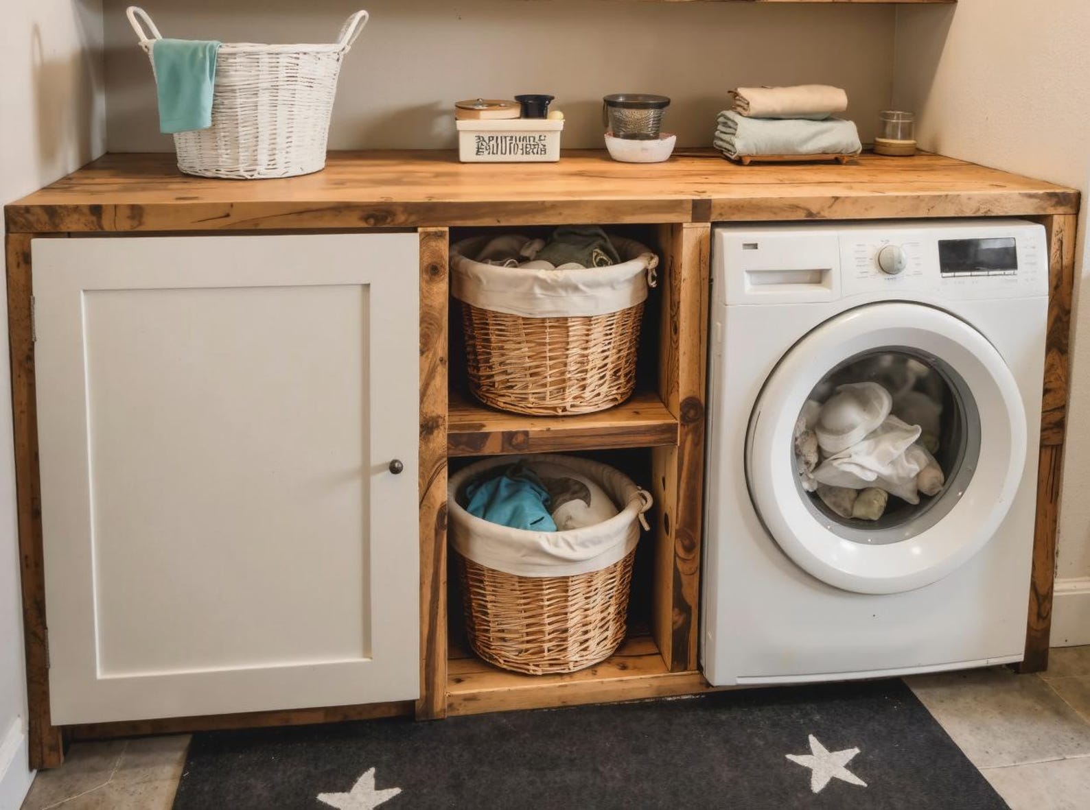 Handmade Laundry Room Cabinet And Open Wood Shelves For Modern Utility Space SITHLAU002