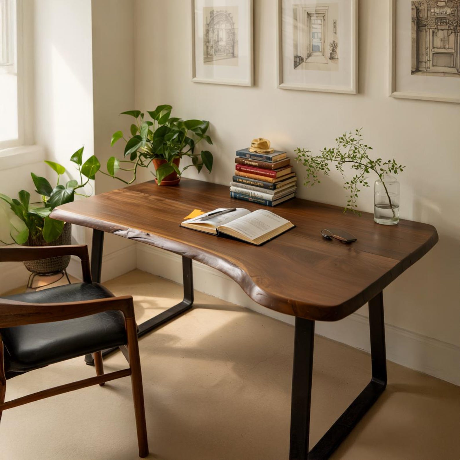 Rustic Handcrafted Live Edge Writing Desk With Sleek Metal Legs For Home Office Or Study Corner SITHDE015