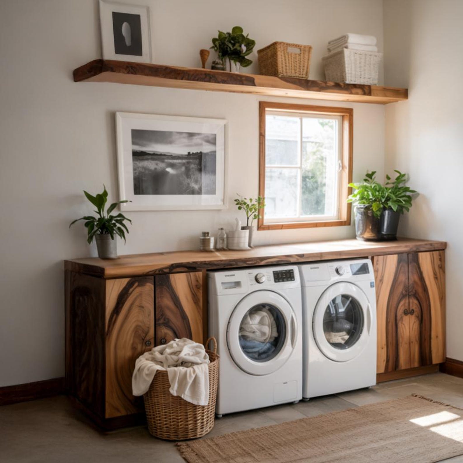 Rustic Wood Laundry Cabinet For Washer And Dryer With Natural Shelf Accent SITHLAU001