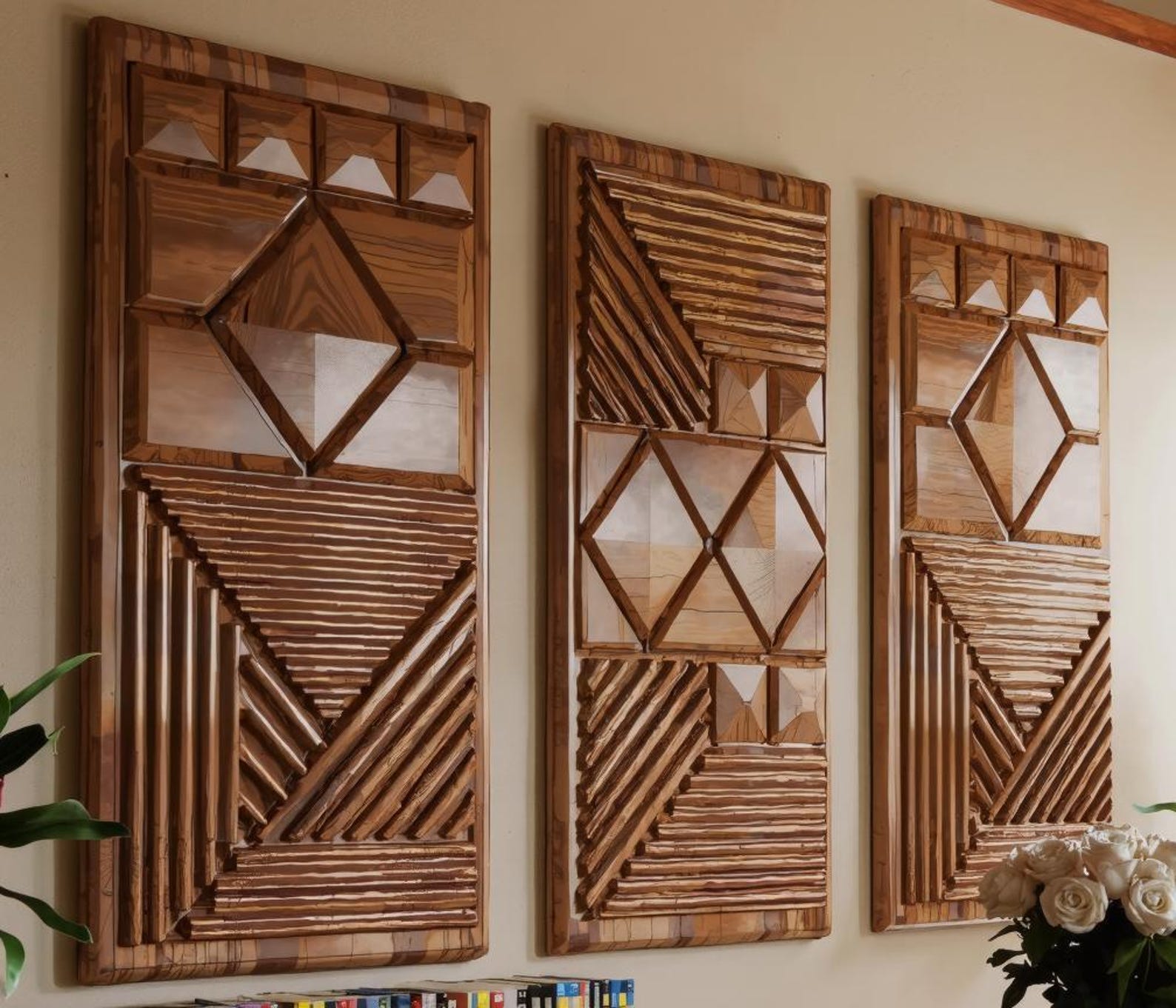 Set 3Pc Geometric Carved Wood Wall Art Panels For Living Room SITHWA009