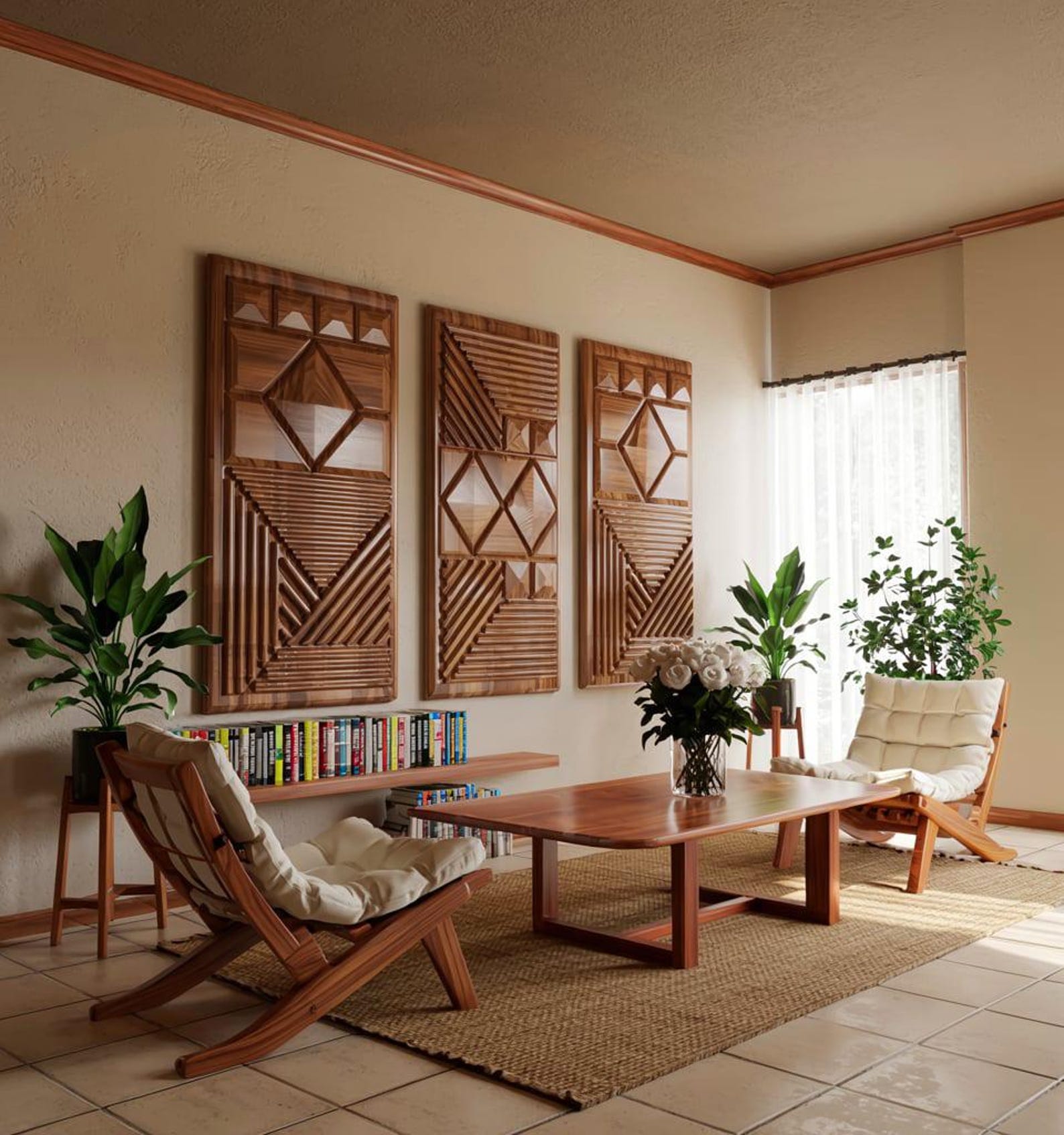 Set 3Pc Geometric Carved Wood Wall Art Panels For Living Room SITHWA009