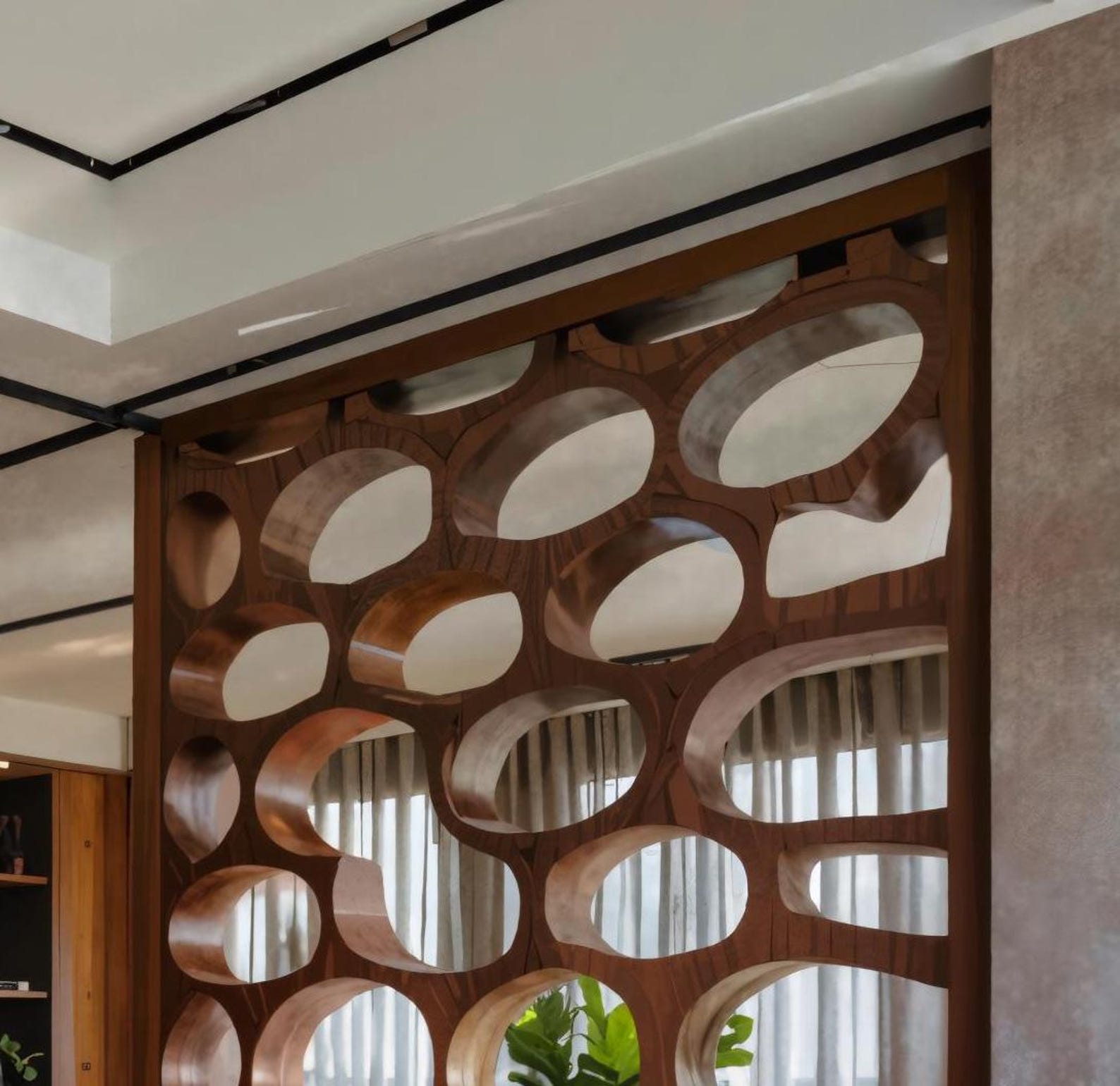 Modern Organic Wood Room Divider For Living And Dining With Sculptural Cutouts SITHDVR003