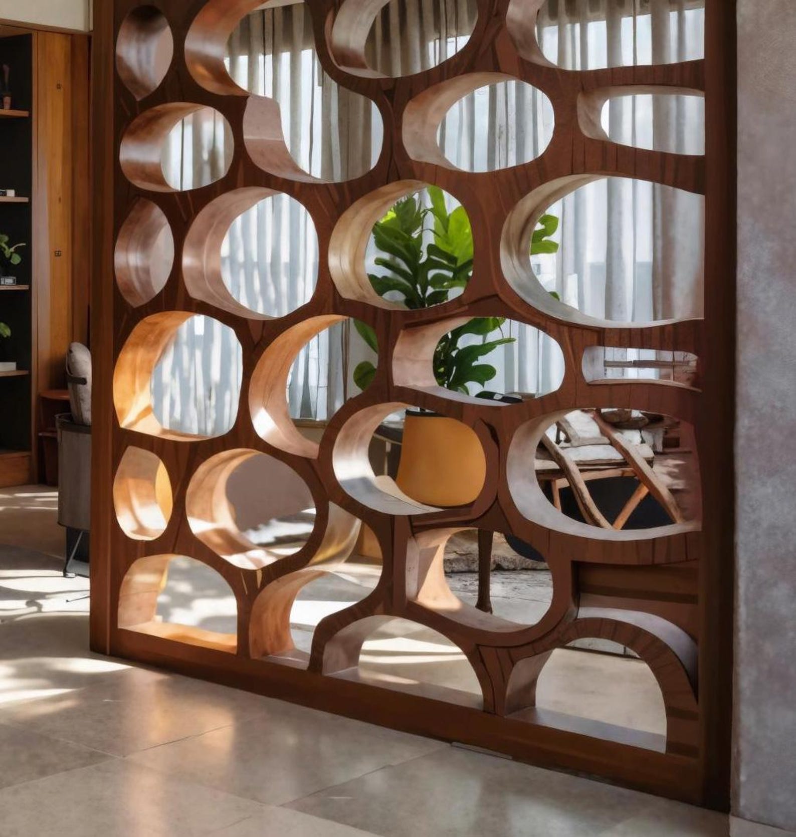 Modern Organic Wood Room Divider For Living And Dining With Sculptural Cutouts SITHDVR003