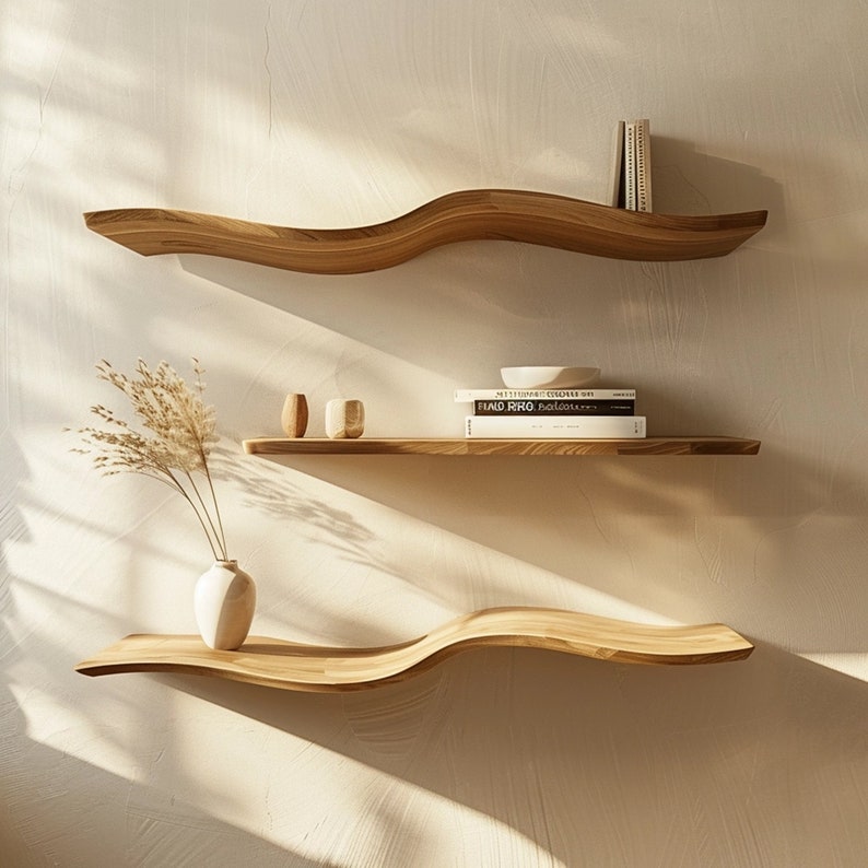 Wavy Wooden Floating Shelves Living Room For New Year Custom Shelves SINLWV002