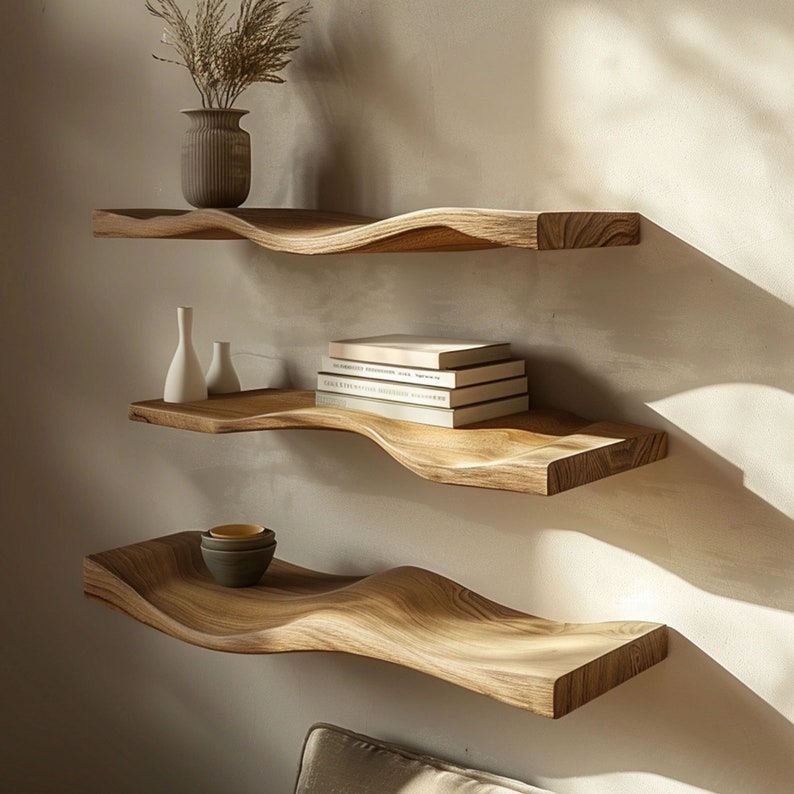 Wavy Live Edge Rustic Floating Shelves Decor Bedroom New Year Custom Shelves SINLWV001
