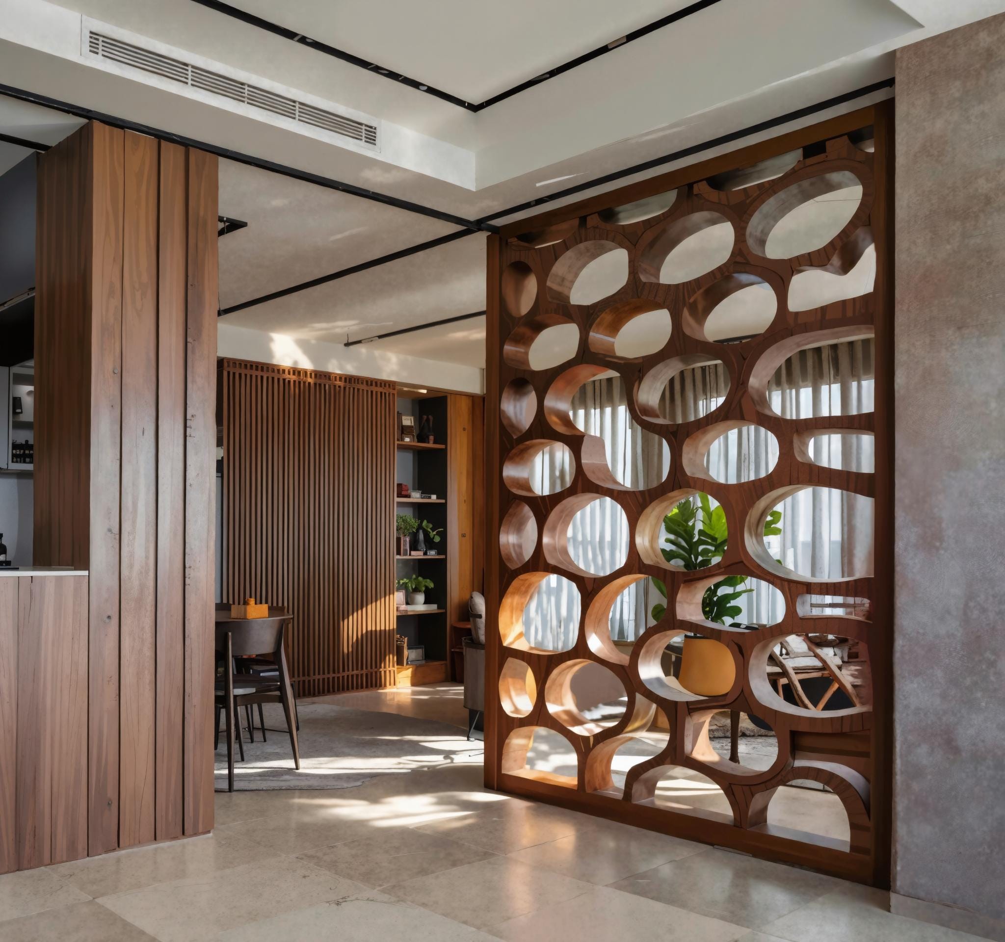 Modern Organic Wood Room Divider For Living And Dining With Sculptural Cutouts SITHDVR003