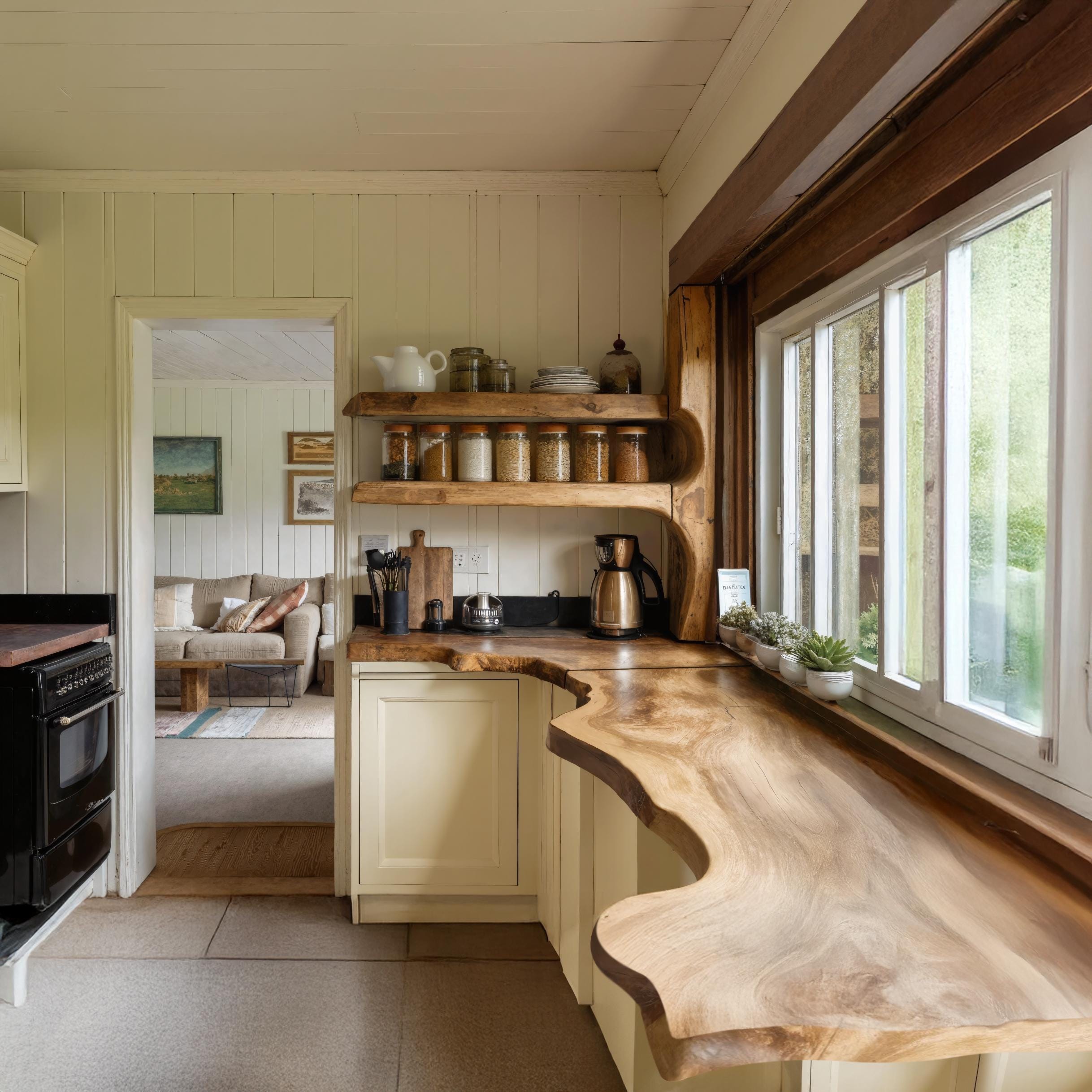 Rustic Handmade Live Edge Kitchen Counter And Floating Shelves For Cozy Pantry Setup SITHFL003