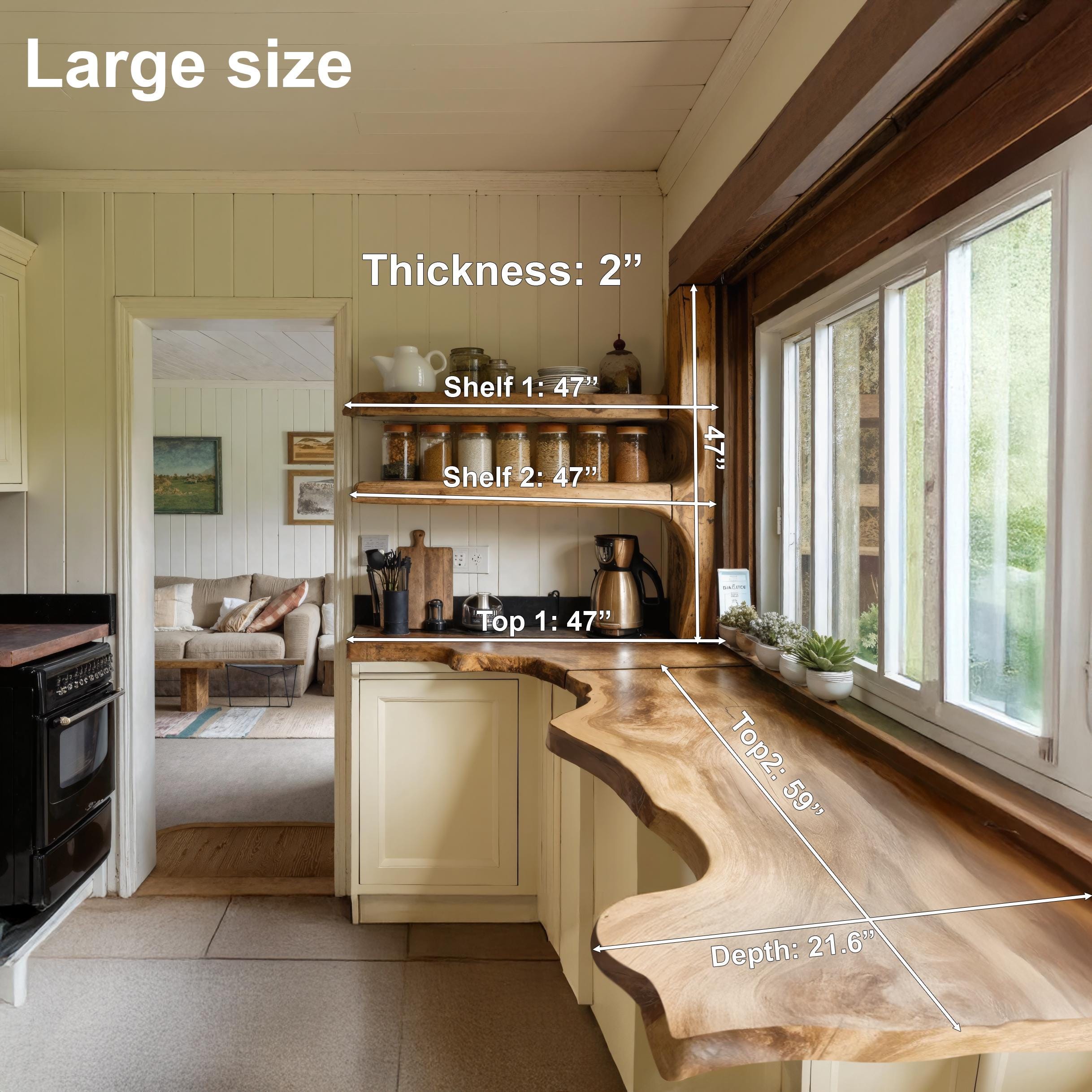 Rustic Handmade Live Edge Kitchen Counter And Floating Shelves For Cozy Pantry Setup SITHFL003