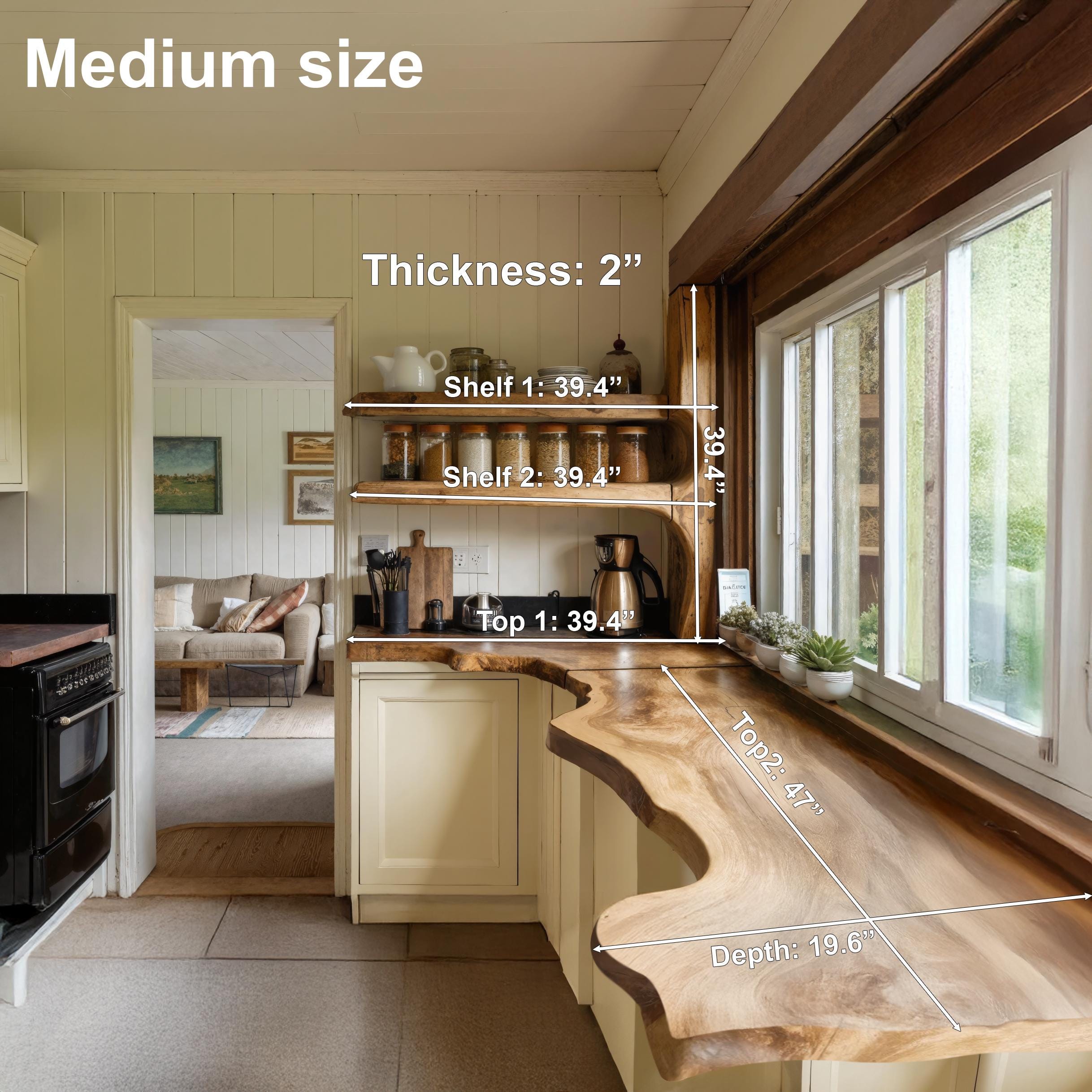 Rustic Handmade Live Edge Kitchen Counter And Floating Shelves For Cozy Pantry Setup SITHFL003