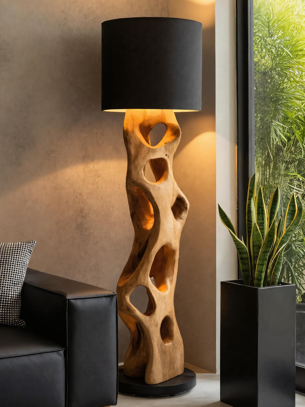 Modern Wooden Floor Lamp With Hollow Base For Living Room SITHTTLAM018
