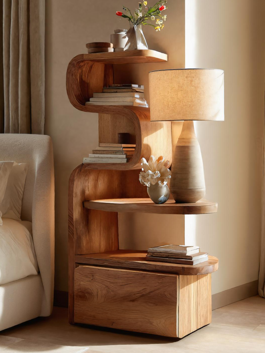 Sculpted Nightstand With Shelves And Drawers For Bedroom SITHTTNS014