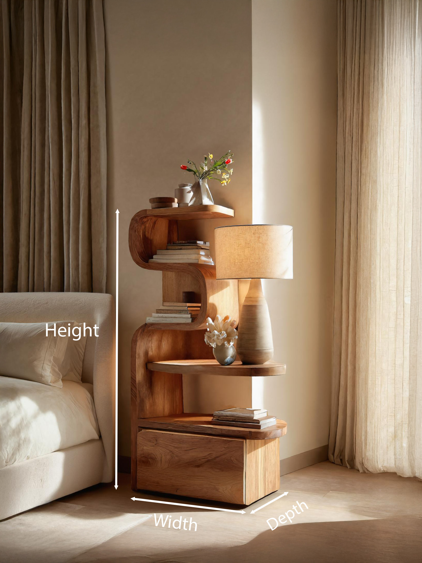 Sculpted Nightstand With Shelves And Drawers For Bedroom SITHTTNS014