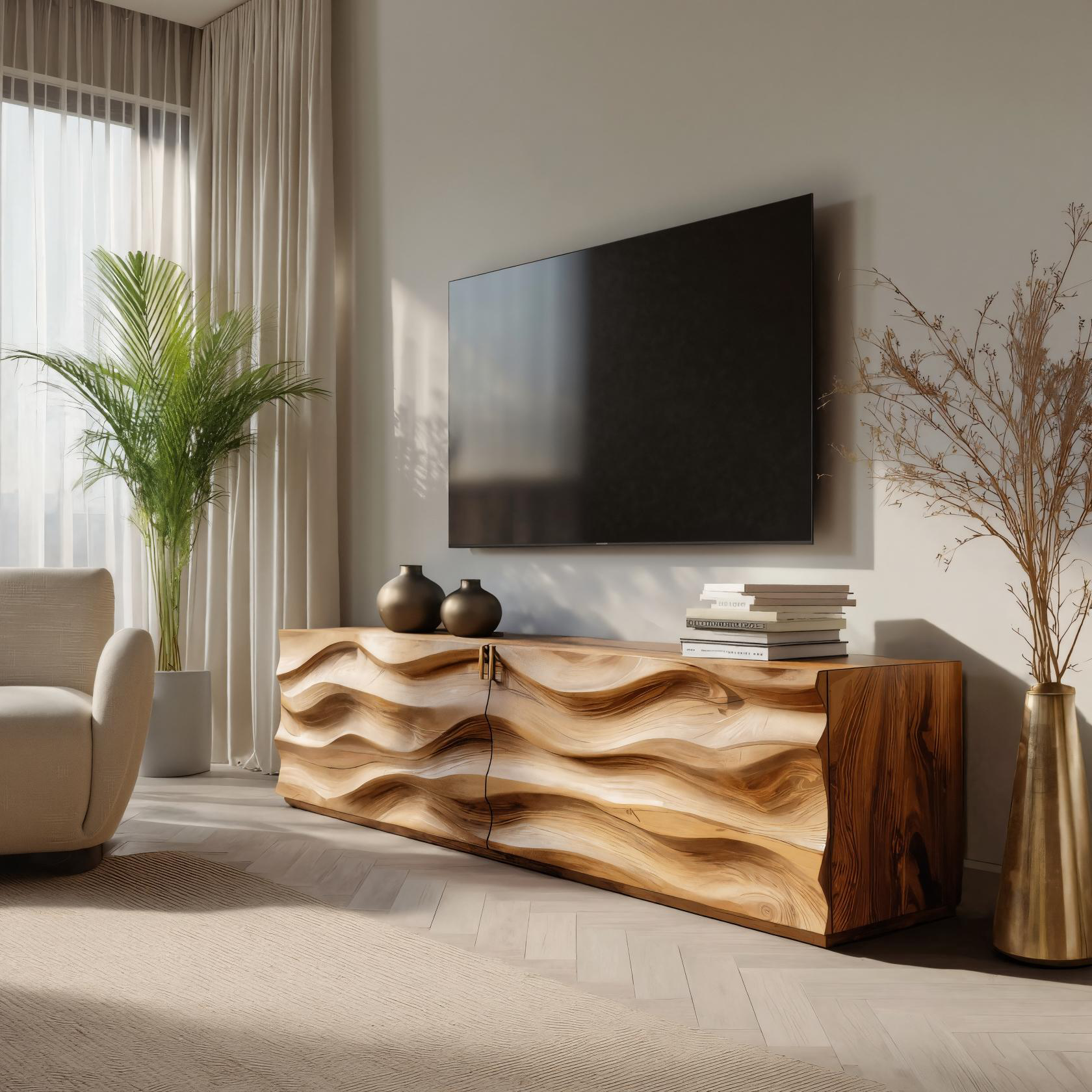 Modern Carved Media Console With Wave Front For Living Room SITHTTTVC021