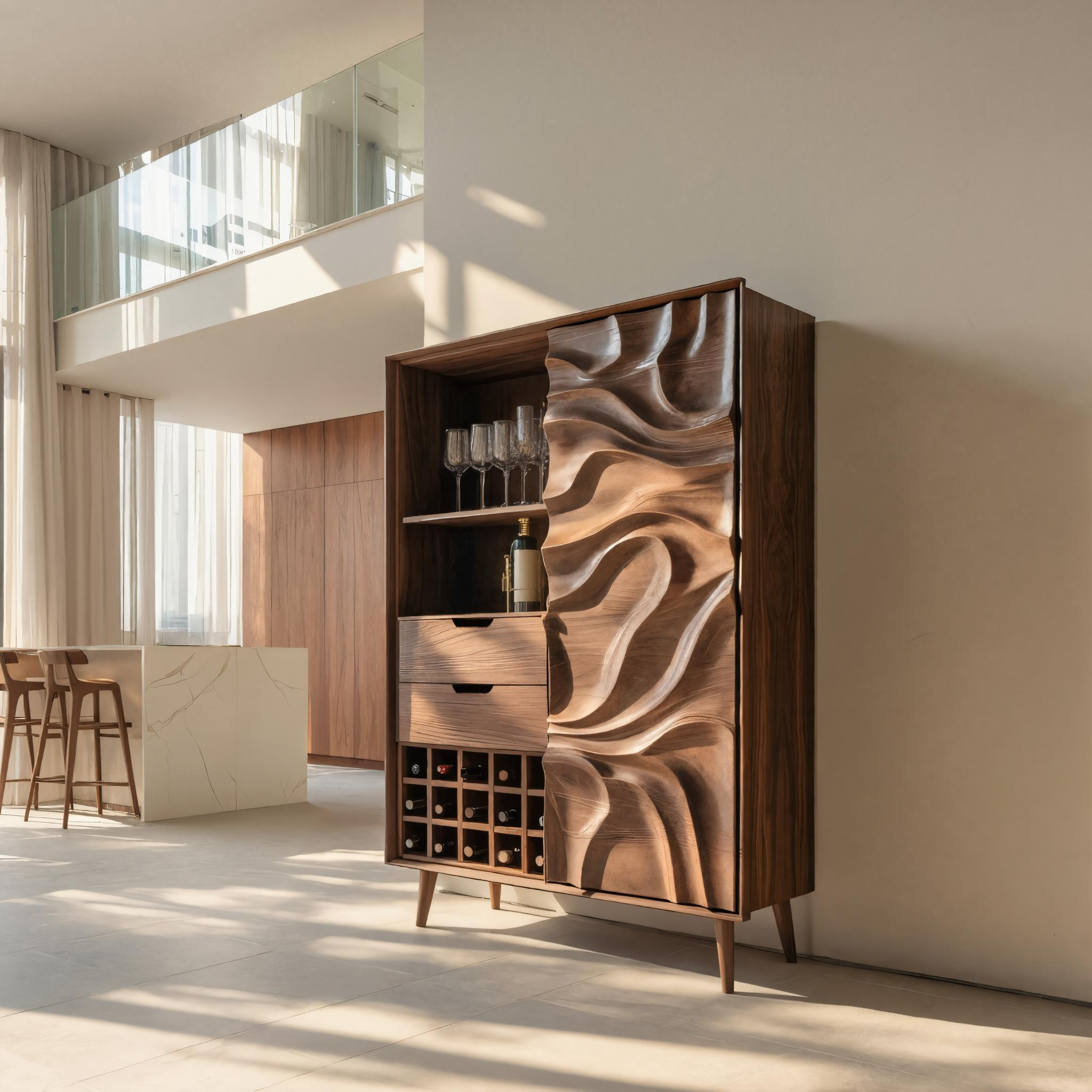 Sculptural Bar Cabinet With Wave Carved Doors For Kitchen SITHTTBCA016