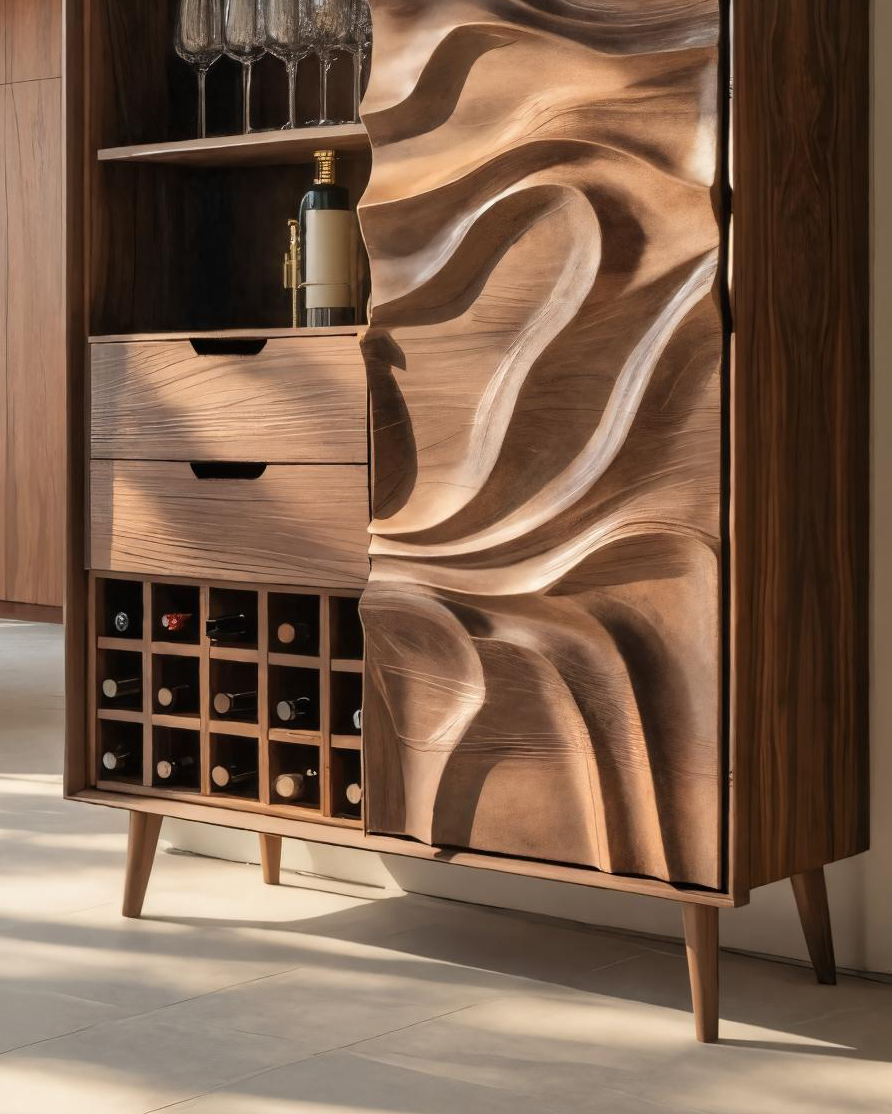 Sculptural Bar Cabinet With Wave Carved Doors For Kitchen SITHTTBCA016
