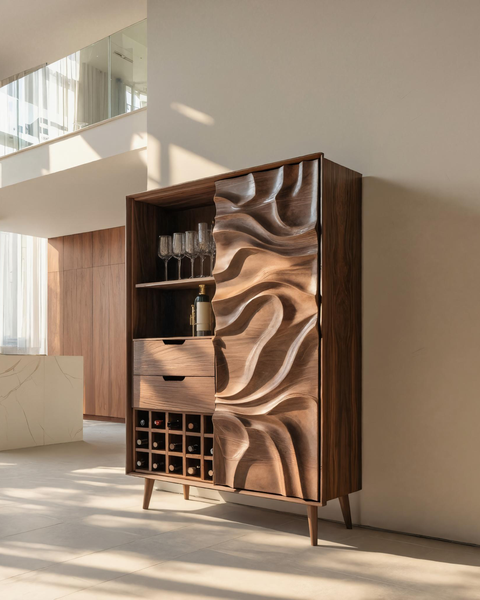 Sculptural Bar Cabinet With Wave Carved Doors For Kitchen SITHTTBCA016