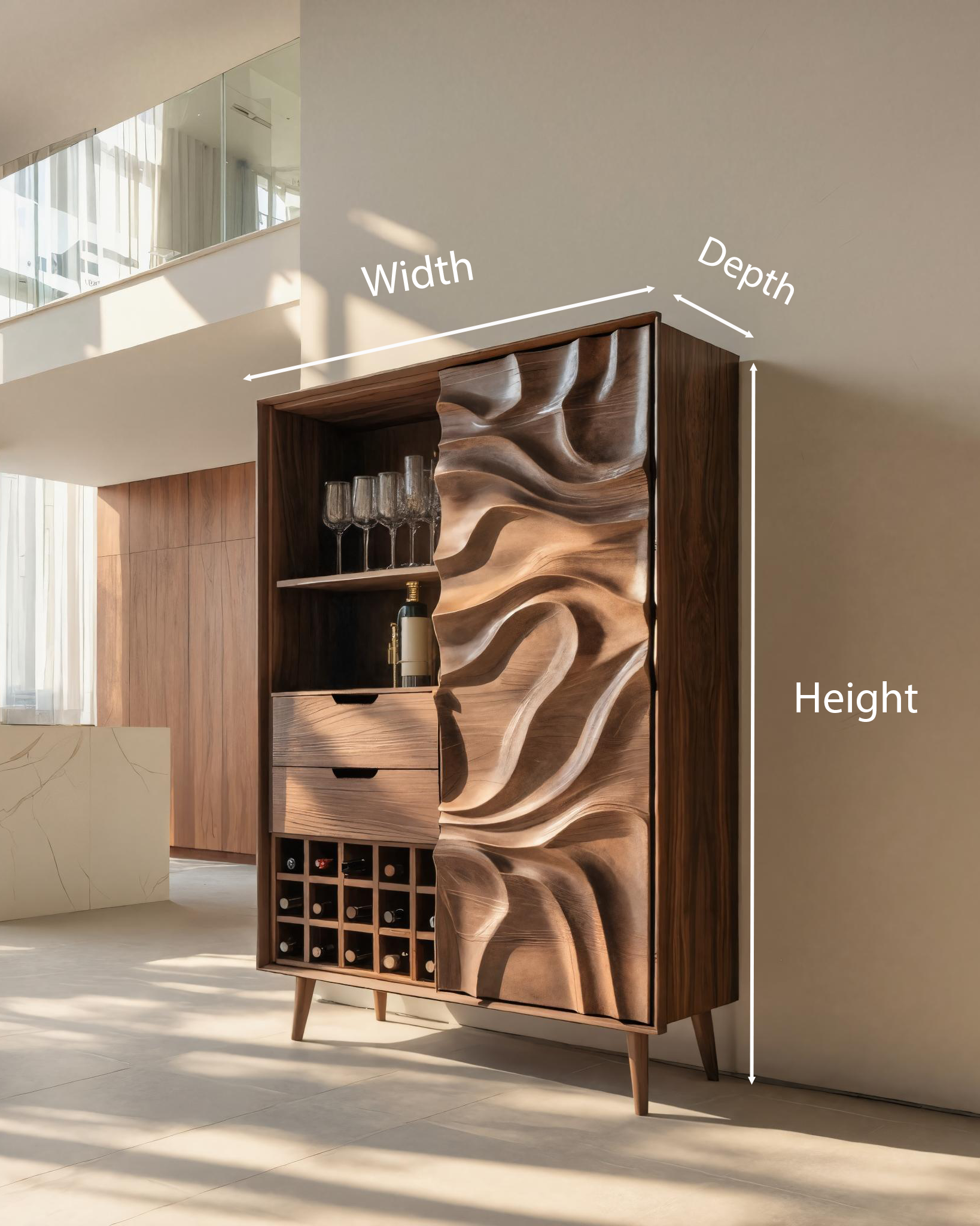 Sculptural Bar Cabinet With Wave Carved Doors For Kitchen SITHTTBCA016