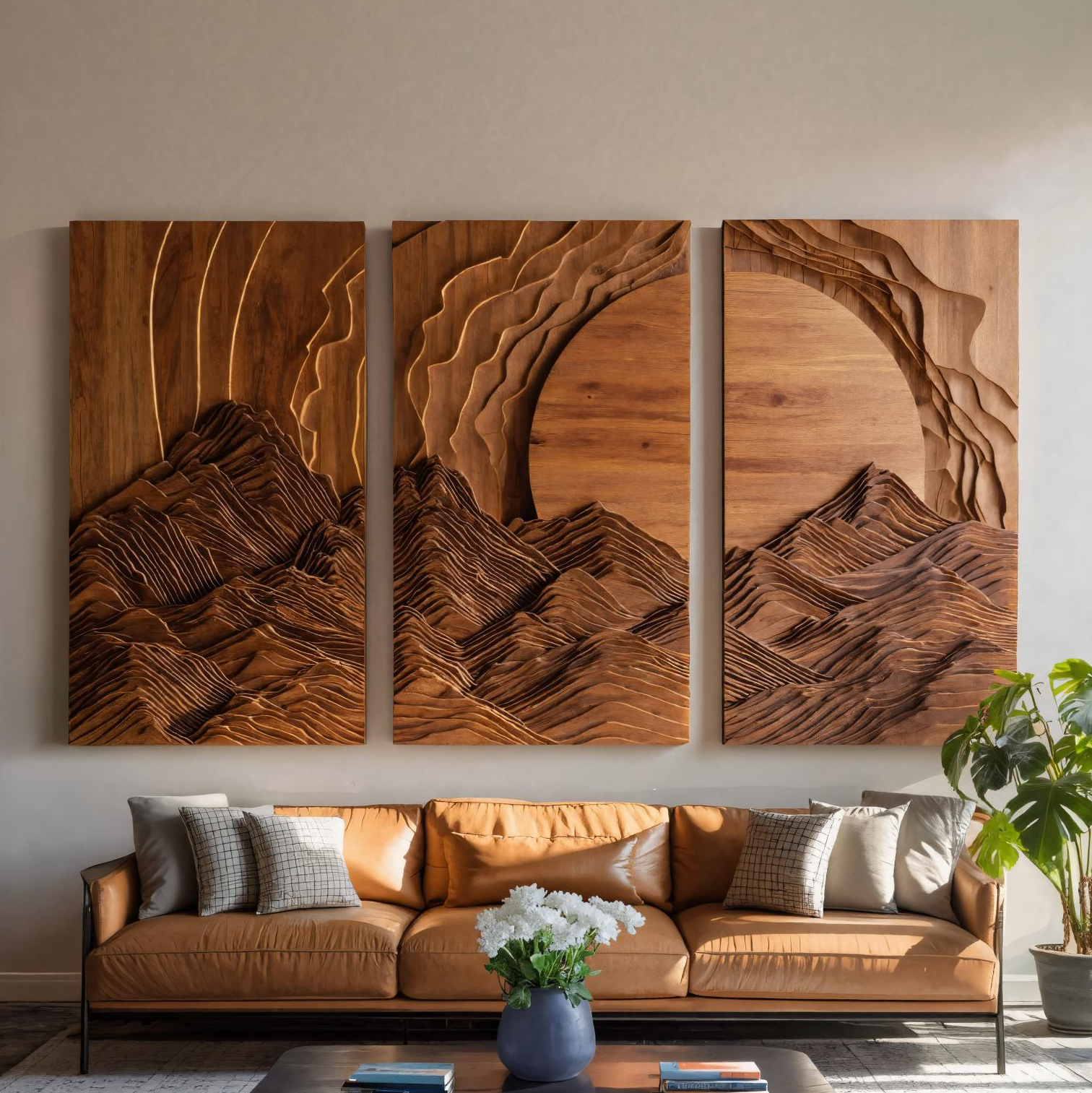 Set Wall Art With Mountain And Sunrise Carved For Living Room RTTHTTWA038