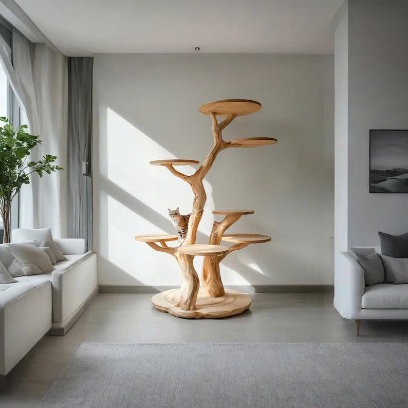 Rustic Natural Solid Wood Cat Tree Wooden Stand Naturally Gift Cat SINLTT010