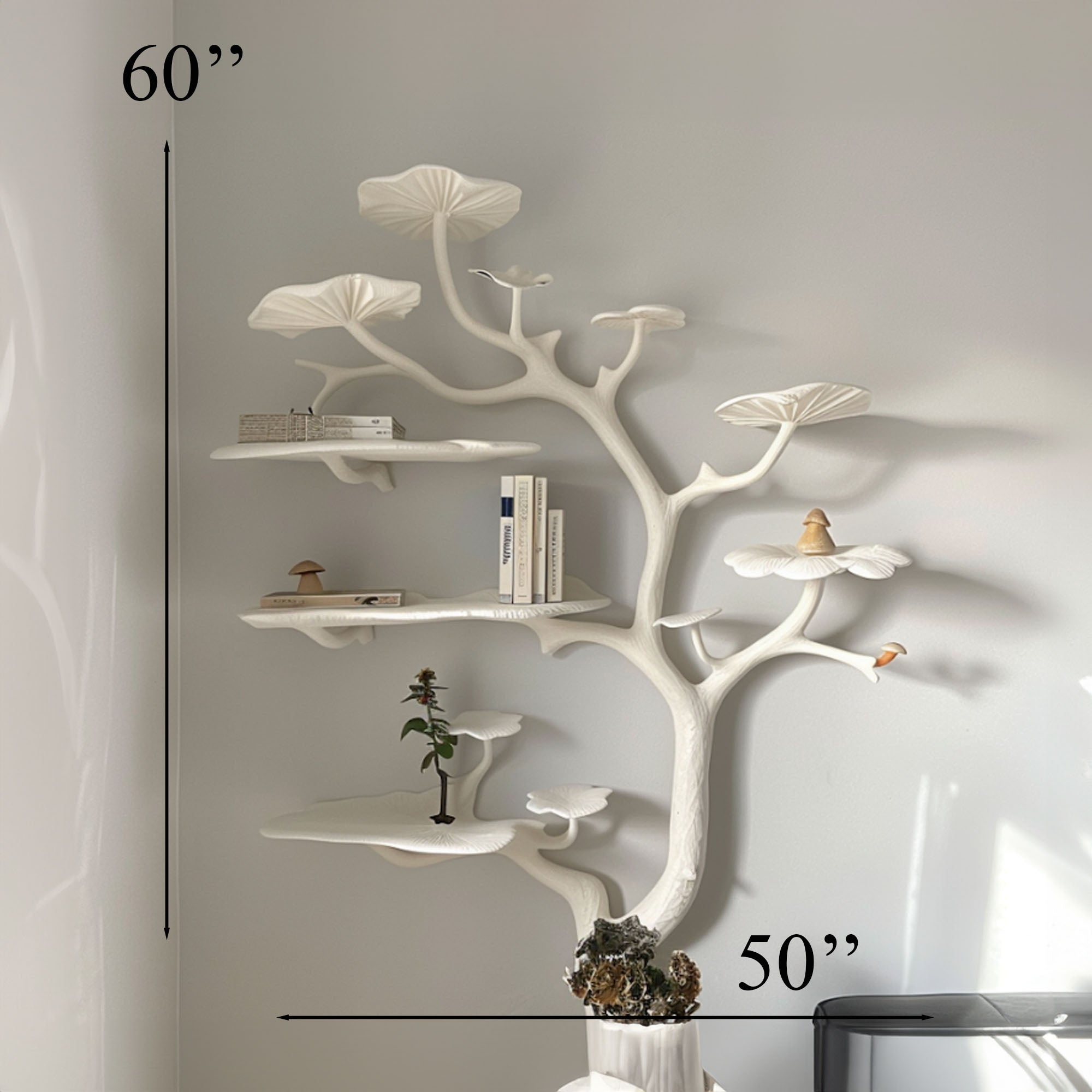 Natural Mushroom Tree Bookshelf Wall Mounted Wild Mulberry Wood Decor SINLTB012