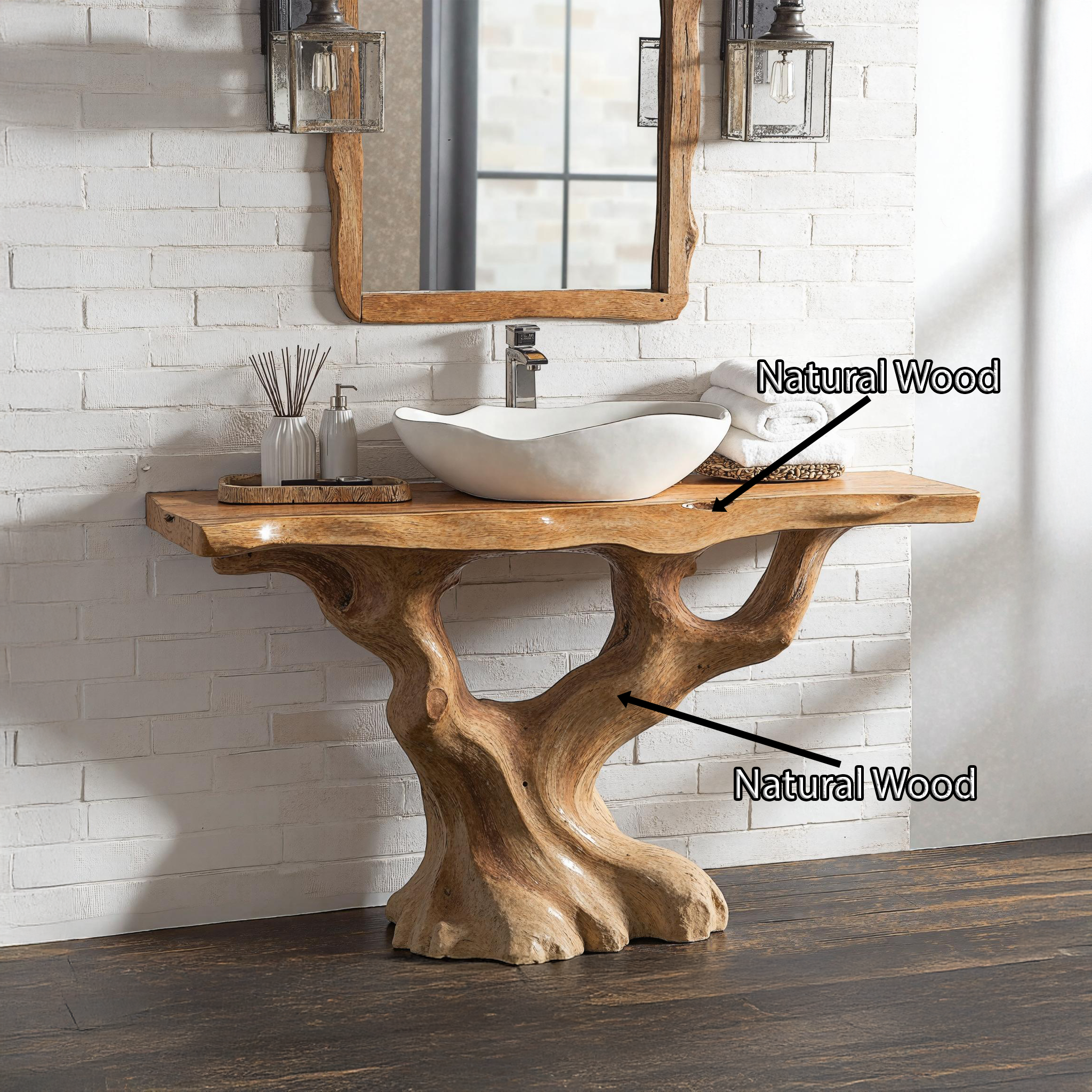 Handcrafted Wood Bathroom Vanity With Tree Trunk Base For Rustic Charm SILDTBRV137