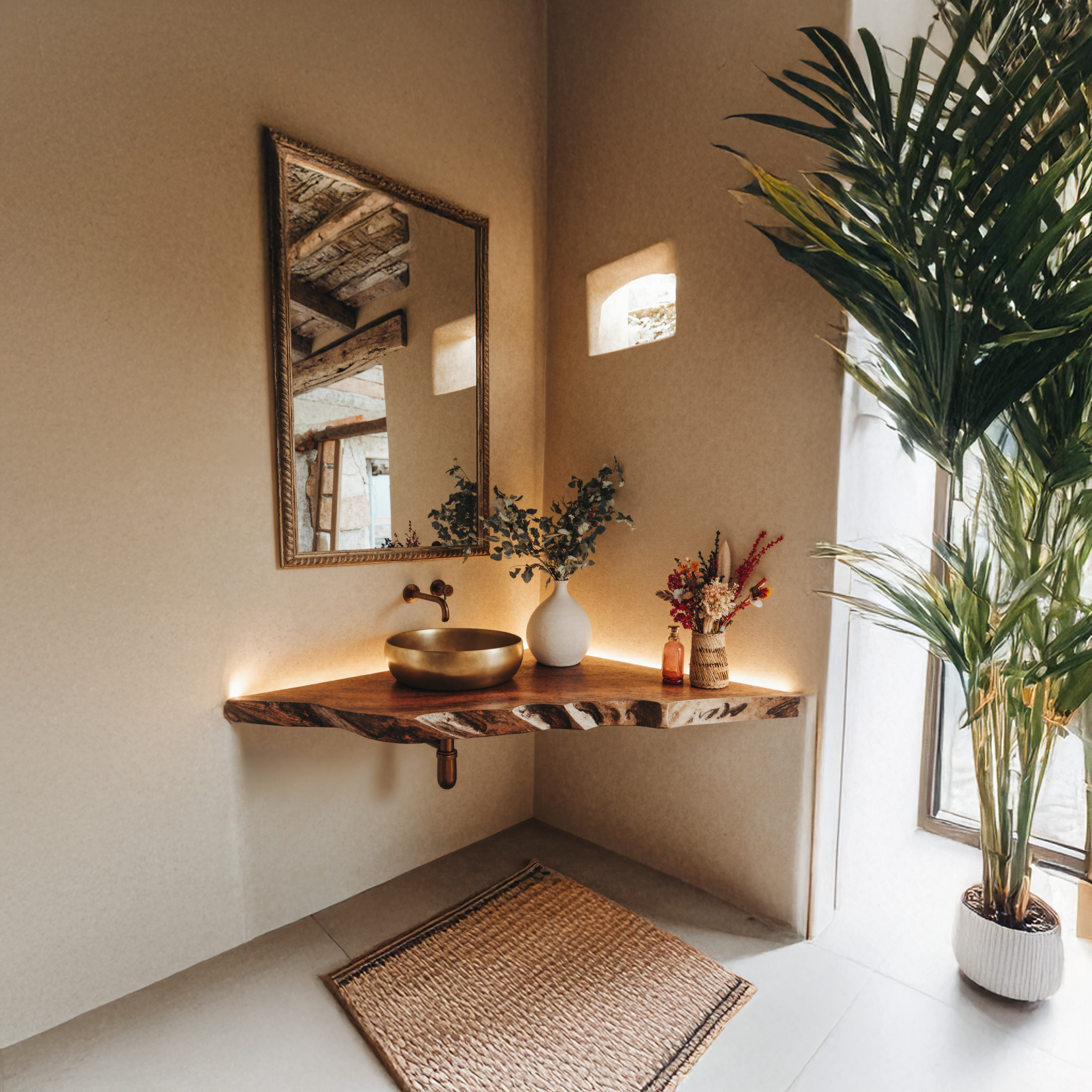 Handcrafted Corner Bathroom Wooden Shelf SILDTBRV070