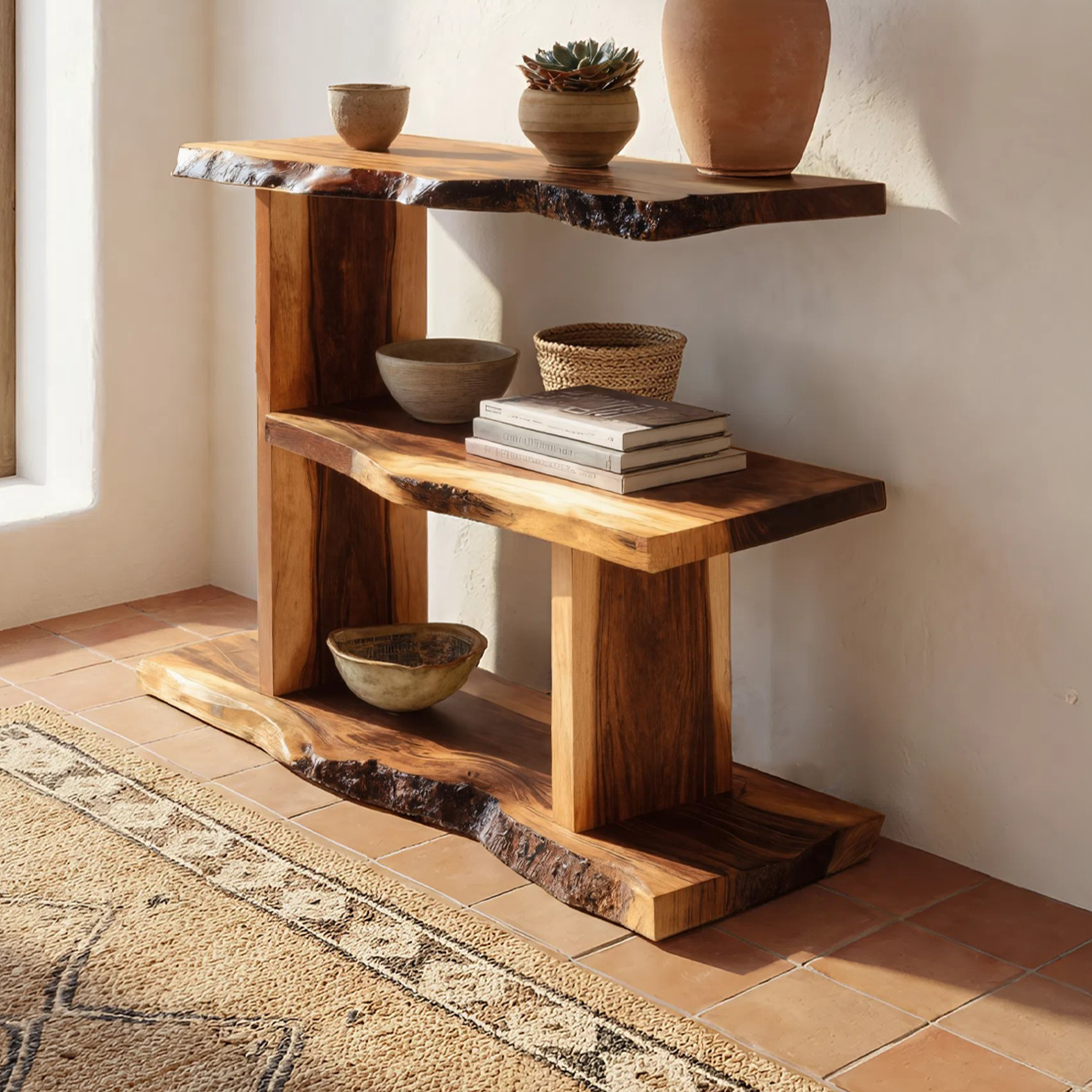 Artistic Wooden Live Edge Standing Shelf For Entryway Storage Design SILDTTNFGS008